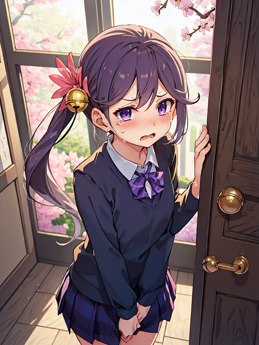 Akebono_Fleet Collection, purple_hair, length_hair, hair_ornament, ~ side_ponytail, purple_eye, flower, hair_flower, hair_Bell, Bell, Jingle_Bell, Seraphim, very_length_hair, School_uniform, separate, (Small breasts, Small body), (low length:1.2), One  , alone, looking at viewer break (SFW:1.3), I want to pee, Place your hands between your legs, Leaning forward, trembling, break (anger), (Are crying), (blush), (Open your mouth:1.3), wavy mouth break official art, finest masterpiece, Highest quality, Highest Resolution, 8K, Most detailed, Extremely elaborate hands, Highly detailed fingers, very detailed mouth, perfect anatomy break (door, workroom), Dust, Dust, Particles of light, very fine and detailed 16KCG wallpapers,naked