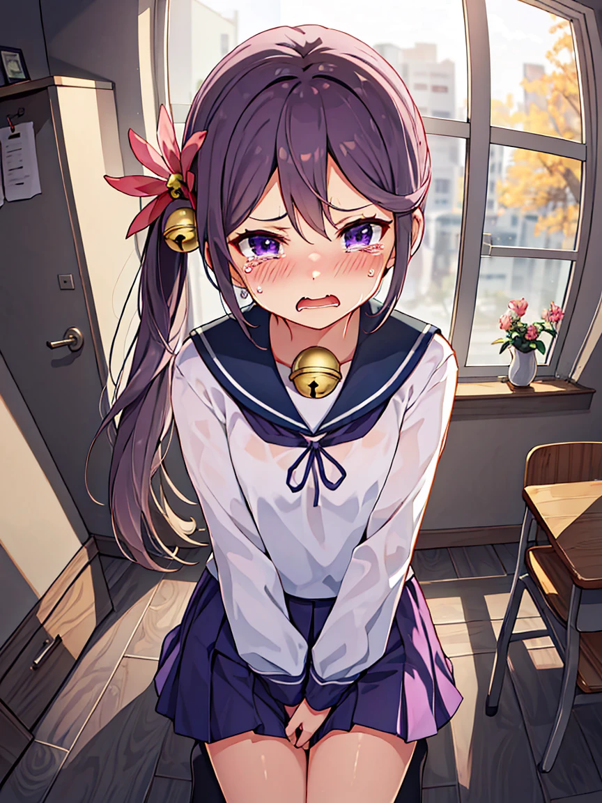 Akebono_Fleet Collection, purple_hair, length_hair, hair_ornament, ~ side_ponytail, purple_eye, flower, hair_flower, hair_Bell, Bell, Jingle_Bell, Seraphim, very_length_hair, School_uniform, separate, (Small breasts, Small body), (low length:1.2), One  , alone, looking at viewer break (SFW:1.3), I want to pee, Place your hands between your legs, Leaning forward, trembling, break (anger), (Are crying), (blush), (Open your mouth:1.3), wavy mouth break official art, finest masterpiece, Highest quality, Highest Resolution, 8K, Most detailed, Extremely elaborate hands, Highly detailed fingers, very detailed mouth, perfect anatomy break (door, workroom), Dust, Dust, Particles of light, very fine and detailed 16KCG wallpapers,naked