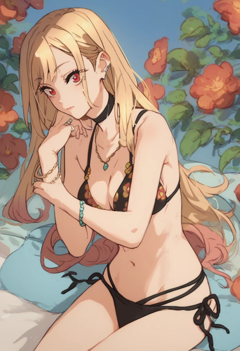 Kitagawa Marin,1girl, blonde hair, long hair, multicolored hair, red eyes, jewelry, necklace, choker, black bikini, floral print, bracelet, side-tie bikini bottom