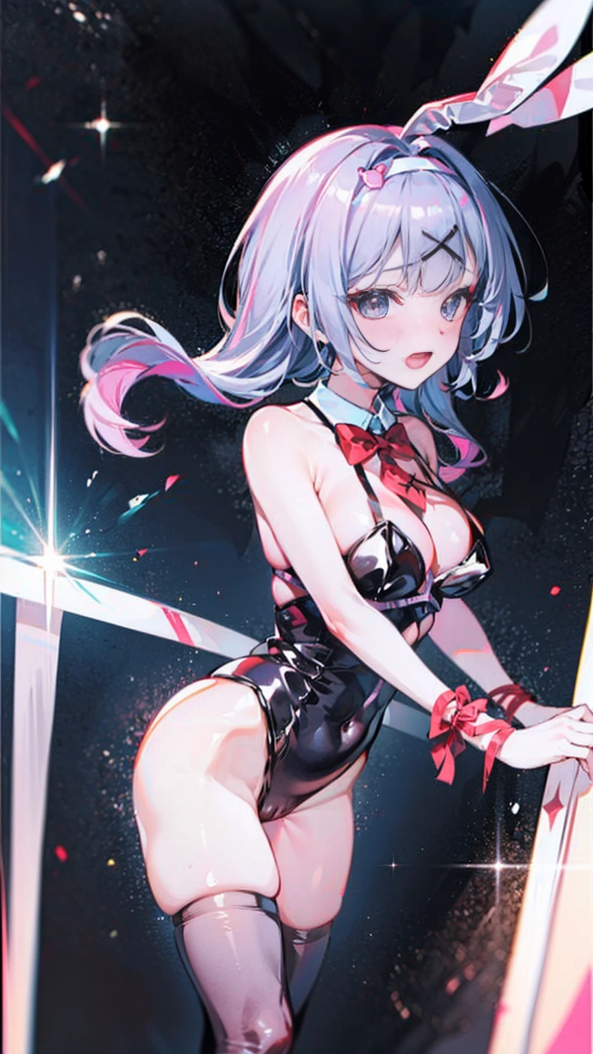crotch,between legs ,smile,open mouth,pleasure,blush,embarrassed,(((low angle))),(best quality, 8k, masterpiece:1.2, nsfw,ultra-detailed,realistic,photorealistic,anime,Soft lighting,Bokeh), megurine_luka\(vocaloid\),1girl,Anime-like beautiful girl,silky smooth and very beautiful skin,very beautiful embarrassed face,Ordinary chest, 5headed body,Skinny type,Not muscular,5This refers to,Manicure is cherry colored, break, Perfectly beautiful figure,Height 162cm,Bust 87cm,Waist 56cm,Hip 85cm, blue eyes, girl, very long hair, purple eyes, long hair, solo, (bangs, pink hair, shining hair, light pink hair, ),official alternate costume, (((bunny leotard))), hair ornament, collarbone, (((casual leotard)), (((black frilled leotard:1.4))),(((ribbon_trimmed leotard,frilled leotard))).