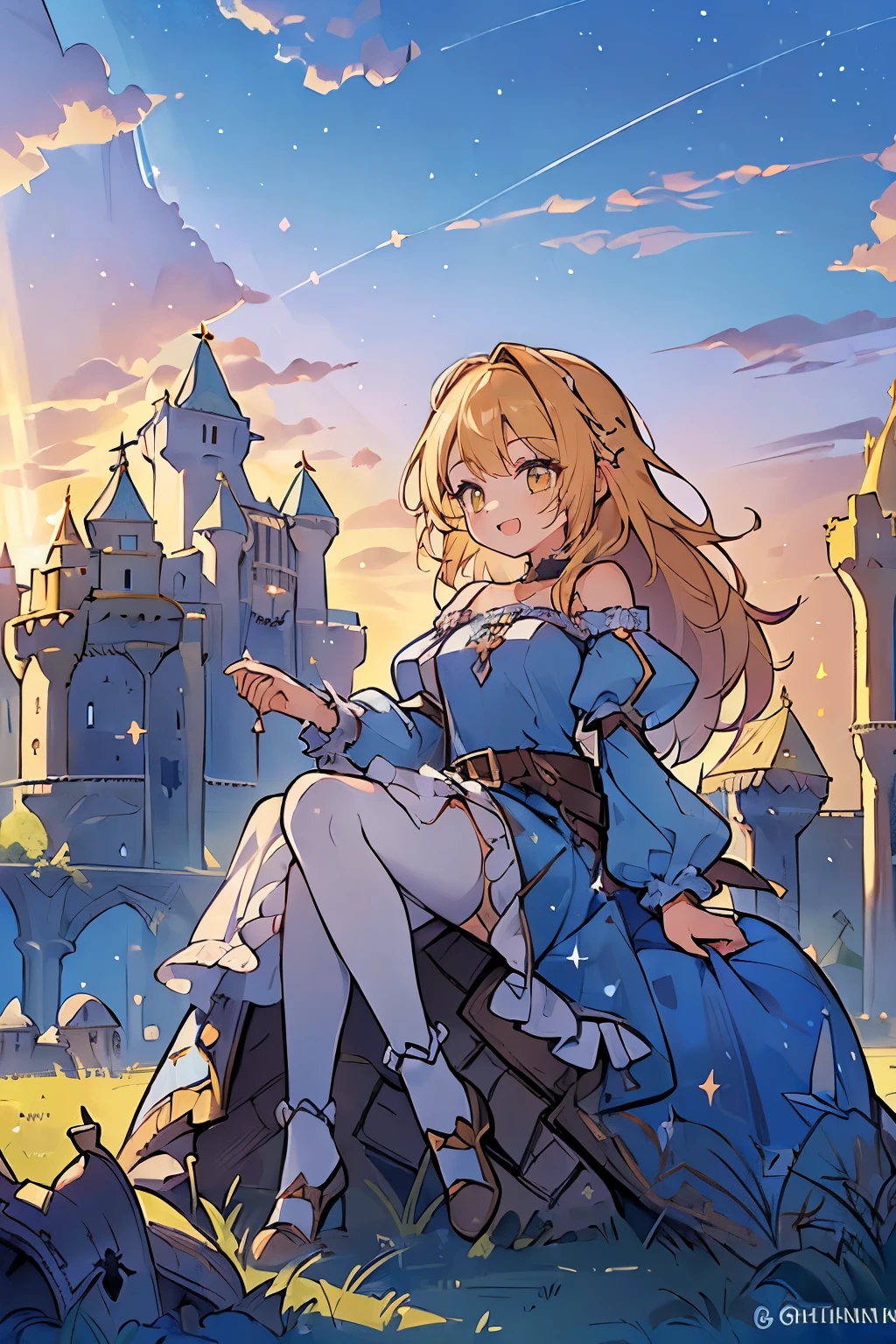 1 girl, background with((fantasy world, ruins, fort, beautiful sky, shining sky, sunshine, castle:1.55)), camisoles, belts, blue clothes, cross choker, wind blowing dress, lace dress, frills camisoles, off-shoulder sleeves, half sleeves, white legwear, single legwear