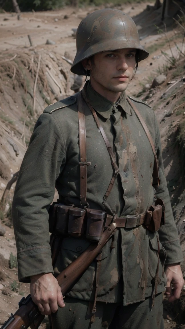 (masterpiece), best quality, expressive eyes, perfect face, All quiet on western Front, man, trenches, dirty, uniform, realistic, HD, Rifle, aiming rifle