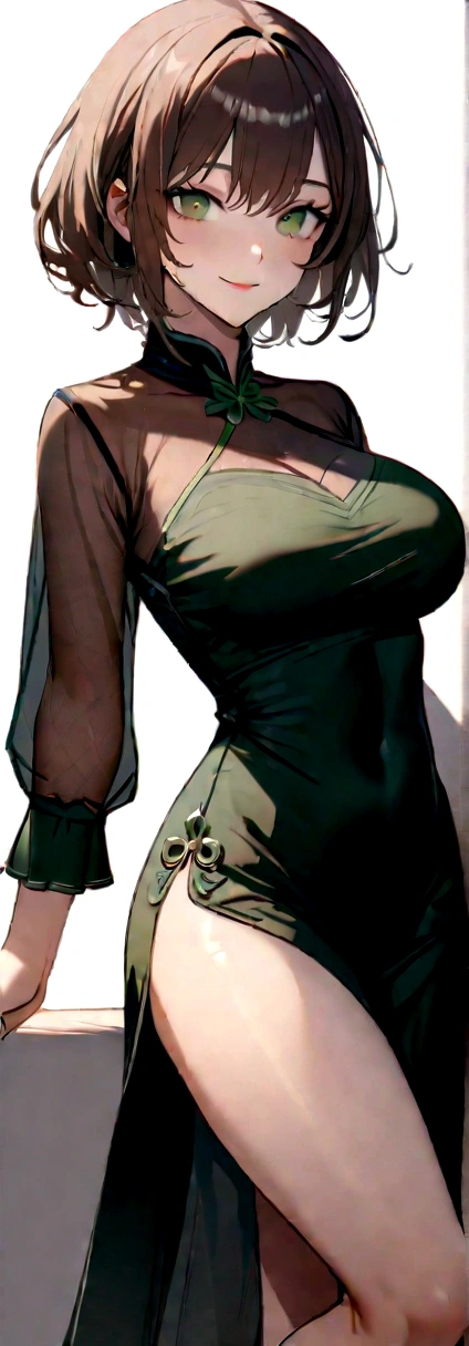 ((Realistic lighting, Highest quality, 8K, masterpiece: 1.3)), Clear focus: 1.2, 1 Girl, Perfect Body Beauty: 1.4, Slim Abs: 1.1, ((Dark brown hair, Big Breasts: 1.3)), (Finished with body paint,Transparent Green Fog Solo Mesh Cheongsam Dress: 1.4), (Simple gray background: 1.1),Body Paint Dresses, whole body, Long legs, Simple gray background, Highly detailed face, Beautiful Eyes, double eyelid,Beautiful smile