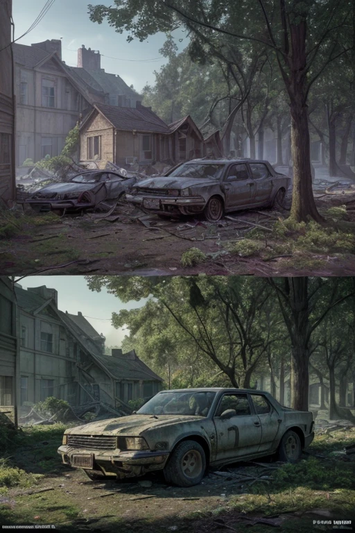 Post-apocalyptic scenario, destroyed houses and buildings, moss on houses and buildings, trees growing, large trees, lots of bush, wild flowers. Birds, various animals, wrecked cars, destroyed motorcycles. [(Hassleblad H6D-400c)], [(medium format image)],[(dreamy)],[(400 mega pixels)], (photorealistic:1.4), (RAW photo:1.2), (8k), (masterpiece:1.3), (realistic), (hyper-realistic), ultra-detailed, illustration, very_high_realistic:1.5 ,very_high_resolution:1.5, HDR, CG, unity, 8k wallpaper, Amazing ,finely detail, official art, extremely detailed CG unity 8k wallpaper, (best quality), incredibly absurdres, ultra-detailed, cinema lights, cinematic lighting, professional lighting, photon mapping, radiosity, physically-based rendering, solo focus, sharp focus,
highres, extremely detailed ,extremely delicate and beautiful, intricate detail.