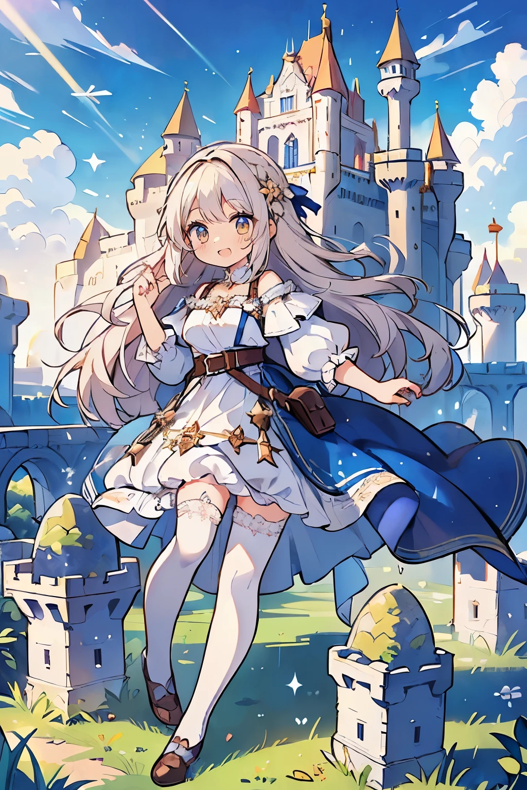 1 girl, background with((fantasy world, ruins, fort, beautiful sky, shining sky, sunshine, castle:1.55)), ((camisoles, suspenders, belt, blue clothes, cross choker, wind blowing dress, lace dress, frills camisoles, off-shoulder sleeves, half-sleeves, ((white legwear, single legwear:1.55)))