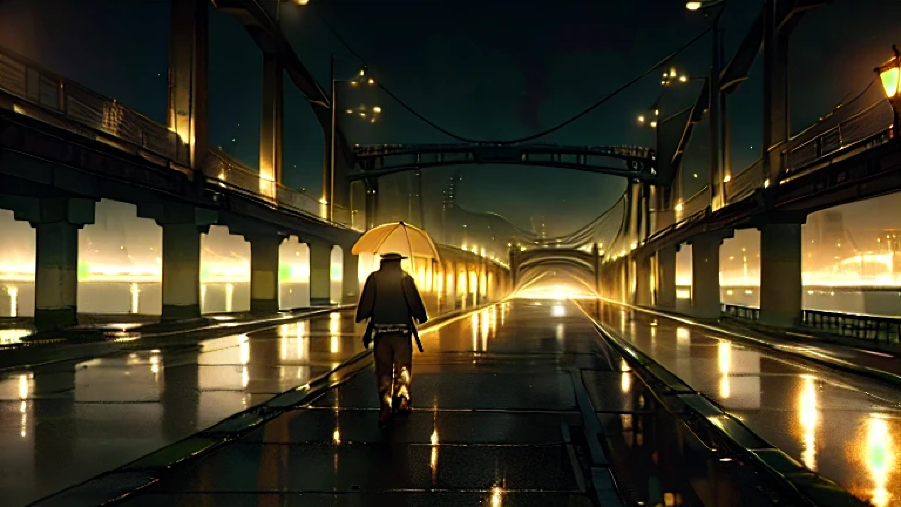 Sad anime Boy Walking Back View, Dark Night, Raining, Under the Bridge Light, masterpiece, best quality, (extremely detailed CG unity 8k wallpaper), (best quality), (best illustration), (best shadow), absurd res, realistic lighting, beautifully detailed glow, art by PeterMohrBacher,