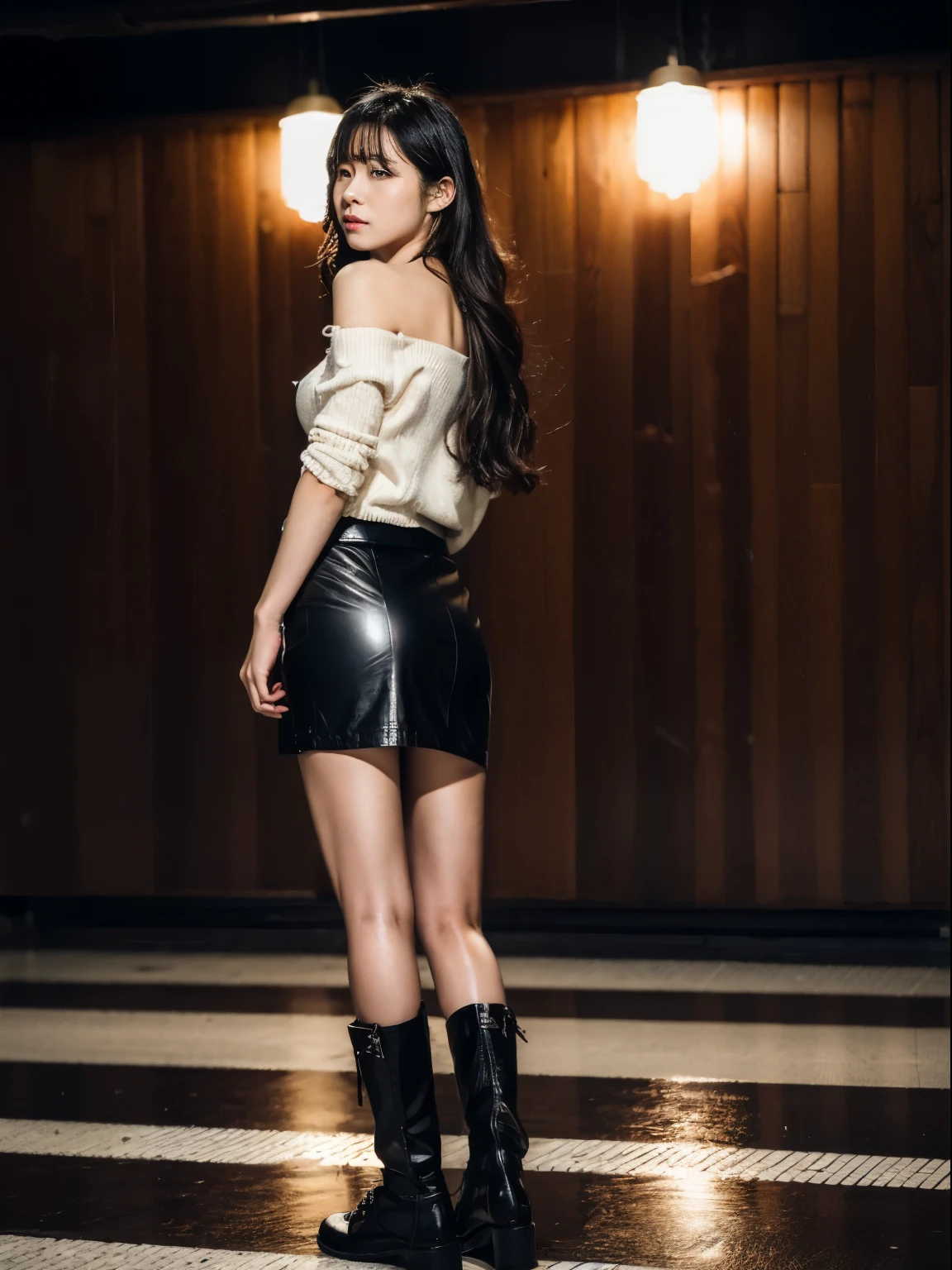 (RAW Photos:1.2), (Realistic:1.4),Beautiful detailed woman,非常にDetailed eyesと顔, Detailed eyes, Super detailed, High resolution, Very detailed,Highest quality,Awareness-raising,Unified,8K Wallpaper,masterpiece,Highest quality,One huge breasted girl,Are standing,skirt,boots,Black Hair,Long white hair,ニーハイboots,Shiny clothes,night,Black shoes,View your viewers,No sleeve,On your stomach,Leather goods,Crossing your legs,黒いskirt,Shoulder,Short top，