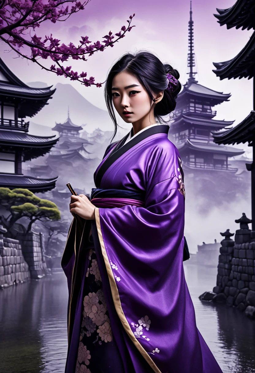 In a horror setting、Japanese monsters、Breathtakingly realistic artwork。A beautiful princess from ancient Japan、Black Hair、Purple kimono、Surrounded by purple gas and mist、The setting is the castle tower of an old Japanese castle.。The color scheme is based on a seductive, dark, and calm purple.、Meticulously graded in ACES color space、It has an eerie color tone like a movie.。As for composition、It has been meticulously crafted to eliminate imperfections and distractions.、Pushing the boundaries of photorealism、Perfect and spine-chilling images guaranteed。 --ar 9:16 -- at 6.0 --q 2 --s 1000