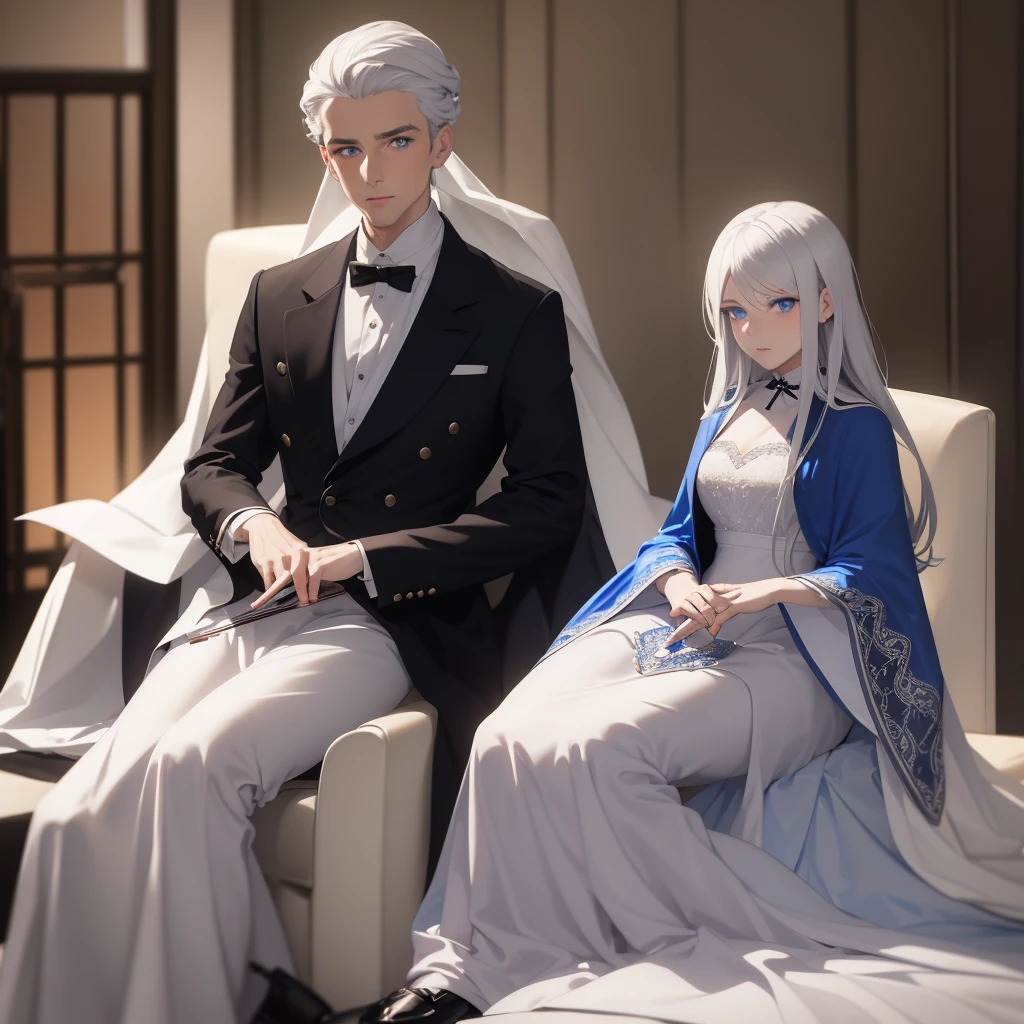 a handsome man with silver hair, blue eyes, White skin, Dress elegantly, With velvet cloaks and lace shirts playing the violin, while a beautiful woman sits watching him with hazel eyes, black hair, White skin, elegant blue silk dress