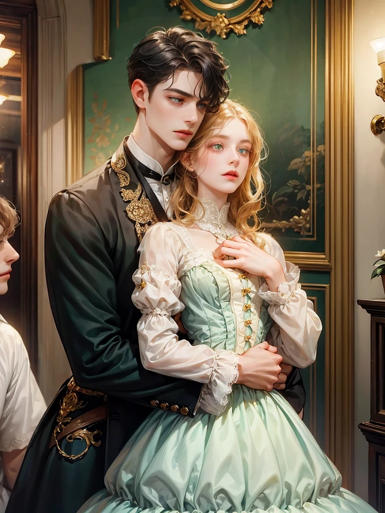 Couple, 1 girl 1 boy. Different hair color, chignon black hair and green eyes, victorian era unglued dress, short bonde hair boy , wavy hair and (sky blu eyes) boy , male Victorian era dress. They look at the viewers. Background inside of a hall
