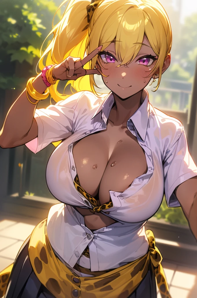 {masterpiece, distinct_image, extremely detailed CG, (extremely detailed fine touch:1.2), (natural light, sun light, light rays, dappled light, ray tracing:1.2), beautiful eyes and detailed face,realistic, photo realistic, 4k, 8k, high_resolution,perfect_finger, (beautiful_detailed_eyes:1.3), glitter, yellow_light, (glow_yellow_face, front_light:1.3), summer_light{1girl, face_focus,cowboy_shot, looking for_in_viewer, front_view, standing, hand_on_own_cheek, (piece sign pose:1.5) },{adult, (huge_breasts, wide_hip:1.3), navel, skinny_stomach,tight_gap, groin, (white_short_sleeve_cropped_button_shirt, tied button shirt:1.7),( very short_black_knife_pleated_skirt, school_uniform, cleavage:1.4), (yellow_leopard_print_bra_over_a_white short_sleeve_button shirt:1.6), (tanning_skin, dark_skin:1.5), (pink_nails, gold earrings, black neck choke, white collar, multiple colored bracelets:1.4),(yellow_hair, pink_eyes, long_hair, side_ponytail, slanted_eyes, bangs:1.4), (smiling face:1.3), sweat, white background}