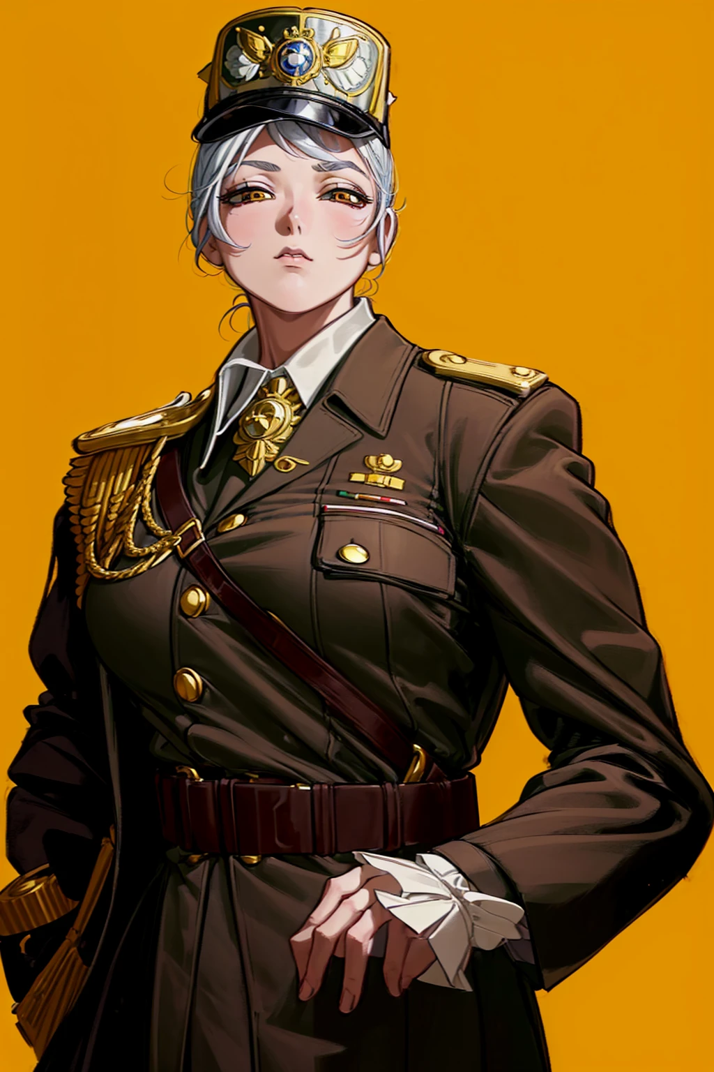 (1girl:1.3), (exceptional, best aesthetic, new, newest, best quality, anime, waifu:1.2), master piece, best quality, ultra detailed, absurdres, highres, colored, good anatomy, grey hair, woman breast, sexy, kaki color military uniform, kaki color kepi peak cap, insignia, medals, ribbons