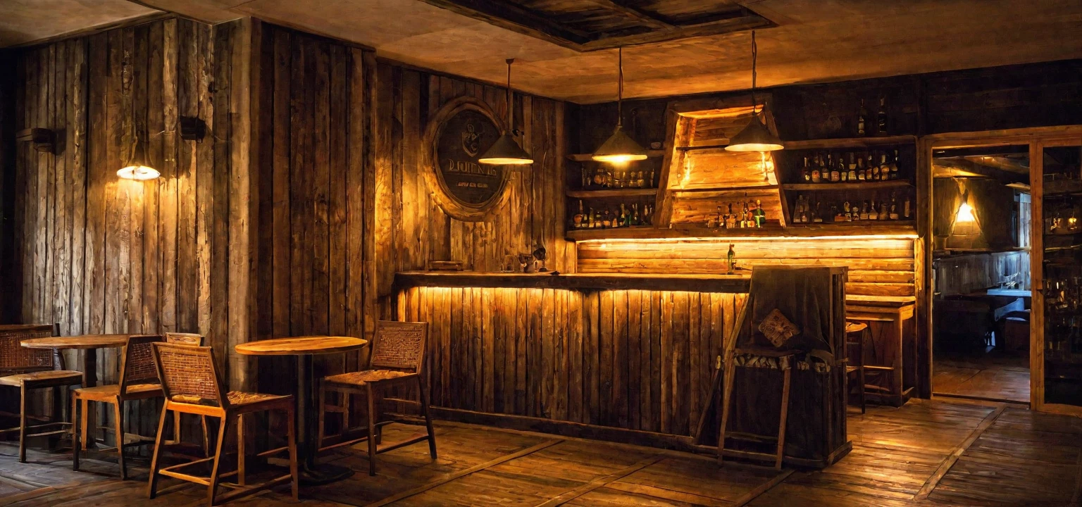 Vintage-style bar, rustic wooden furniture, antique pendant lights, dim lighting, cozy ambiance, aged wood, warm glow, vintage decor, intimate, nostalgic