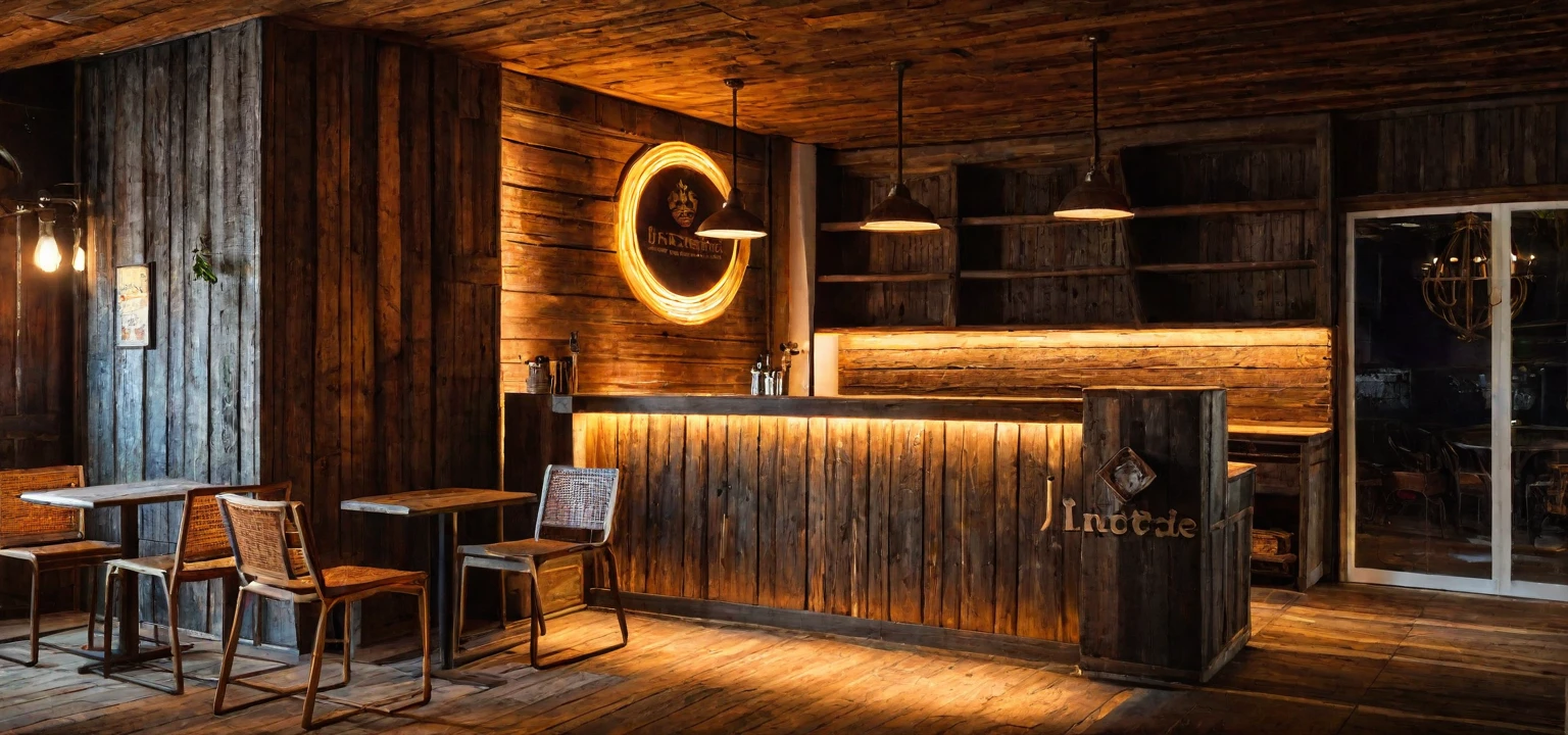 Vintage-style bar, rustic wooden furniture, antique pendant lights, dim lighting, cozy ambiance, aged wood, warm glow, vintage decor, intimate, nostalgic