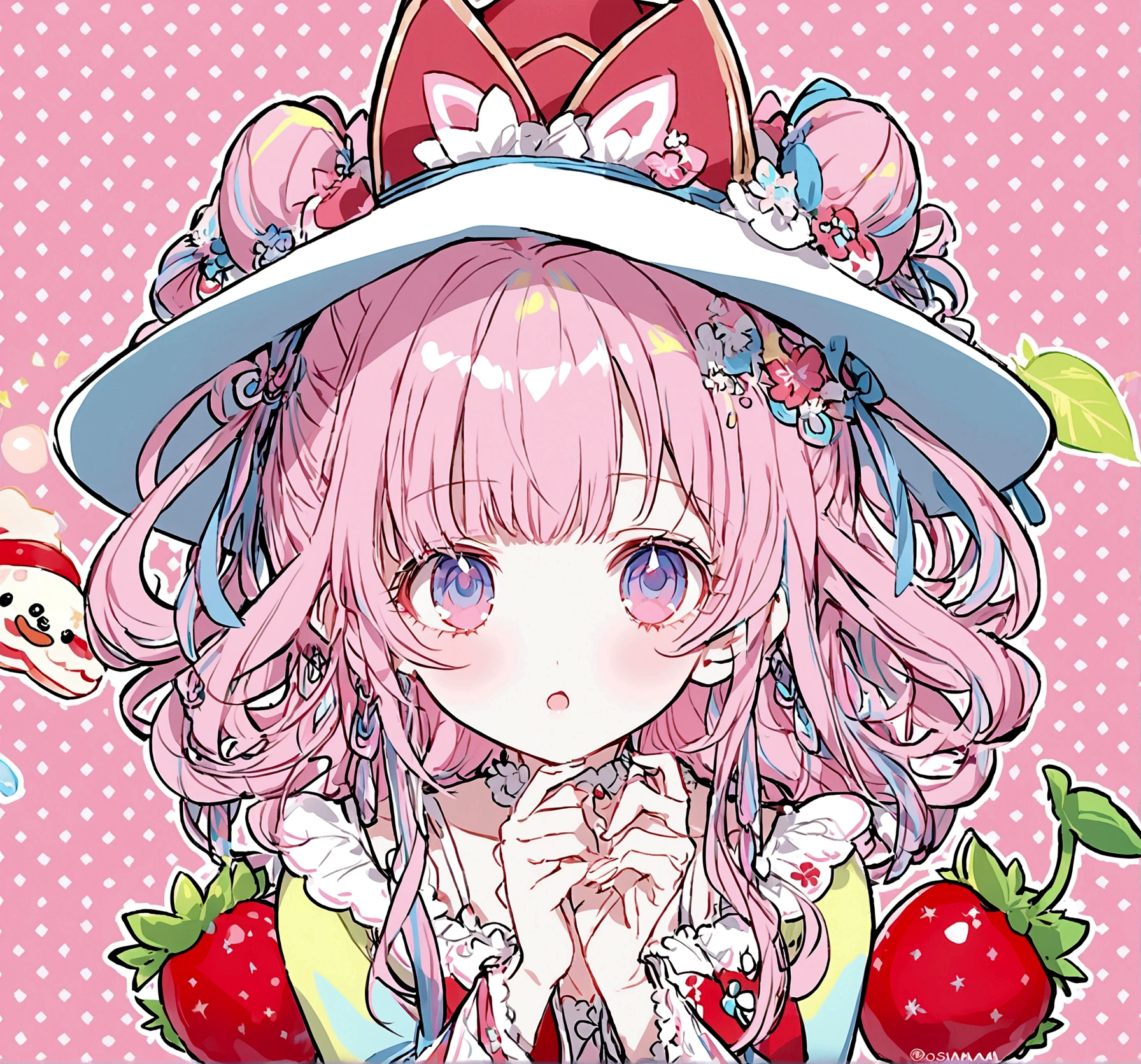 black Candy is wearing a big hat with a purple ribbon.., 長袖のblackいドレス, And bare feet. Her pink bangs peeking out from under her hat、Each eye has three eyelashes。. Shine; Sparkling Glitter