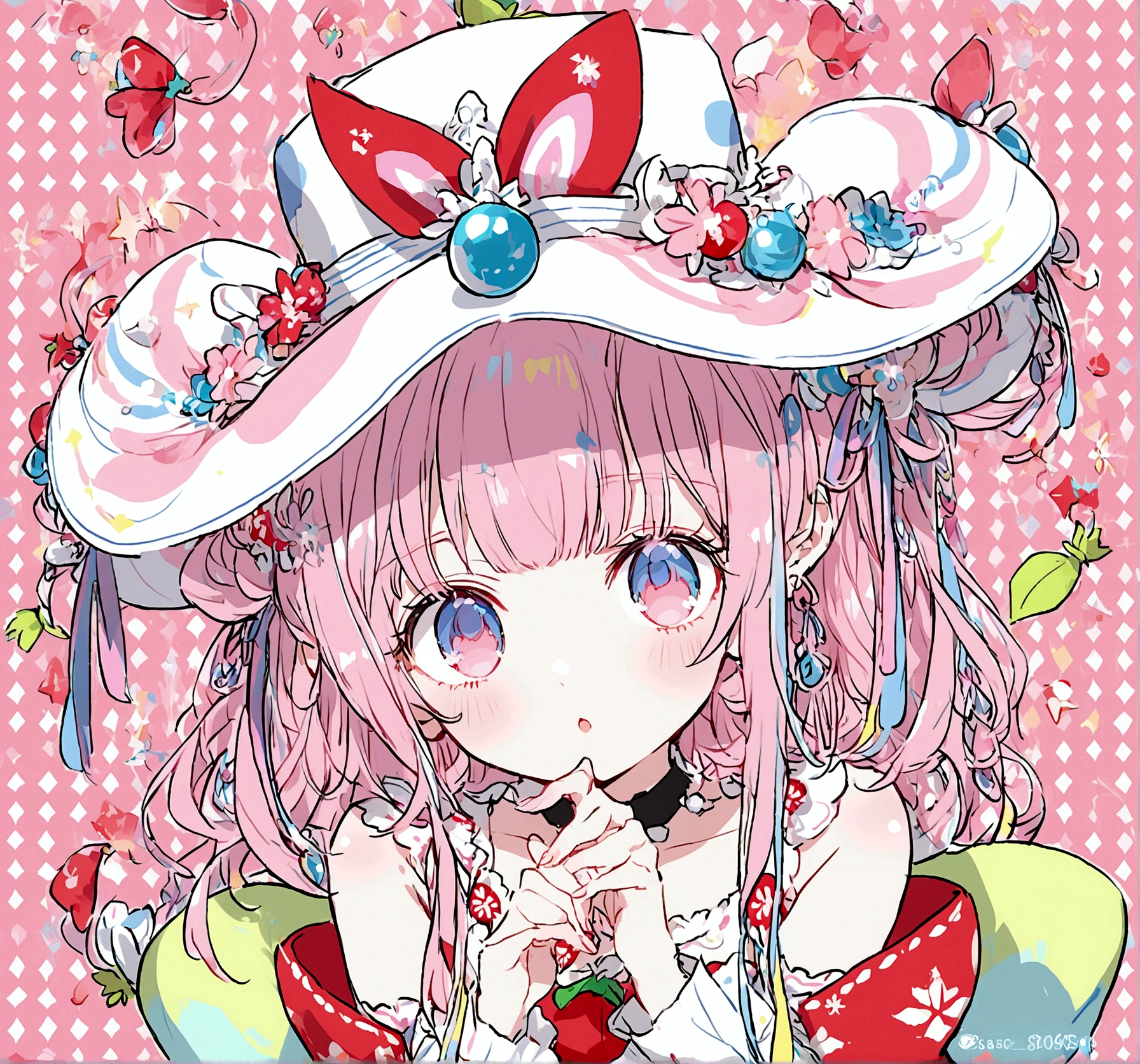 black　Candy is wearing a big hat with a purple ribbon.., 長袖のblackいドレス, And bare feet. Her pink bangs peeking out from under her hat、Each eye has three eyelashes。. Shine; Sparkling　Glitter