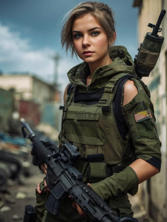hyper realistic photography, an edgy cute russian girl 18-years old, with frackles & band aid on her nose, blue short hair, wearing soldier helmet with googles & full of badges, cool intense expression, big breast, cleavage, wear white brassiere with lace & military vest complete with pocket weaponry, wear blue jeans shortpants raw cut, with net stockings & wear military boot, cool posing and hold a cool weapon M-16 machinery, background street alley raw with graffiti-style raw, good anatomy hand, body & fingers --v 6.0