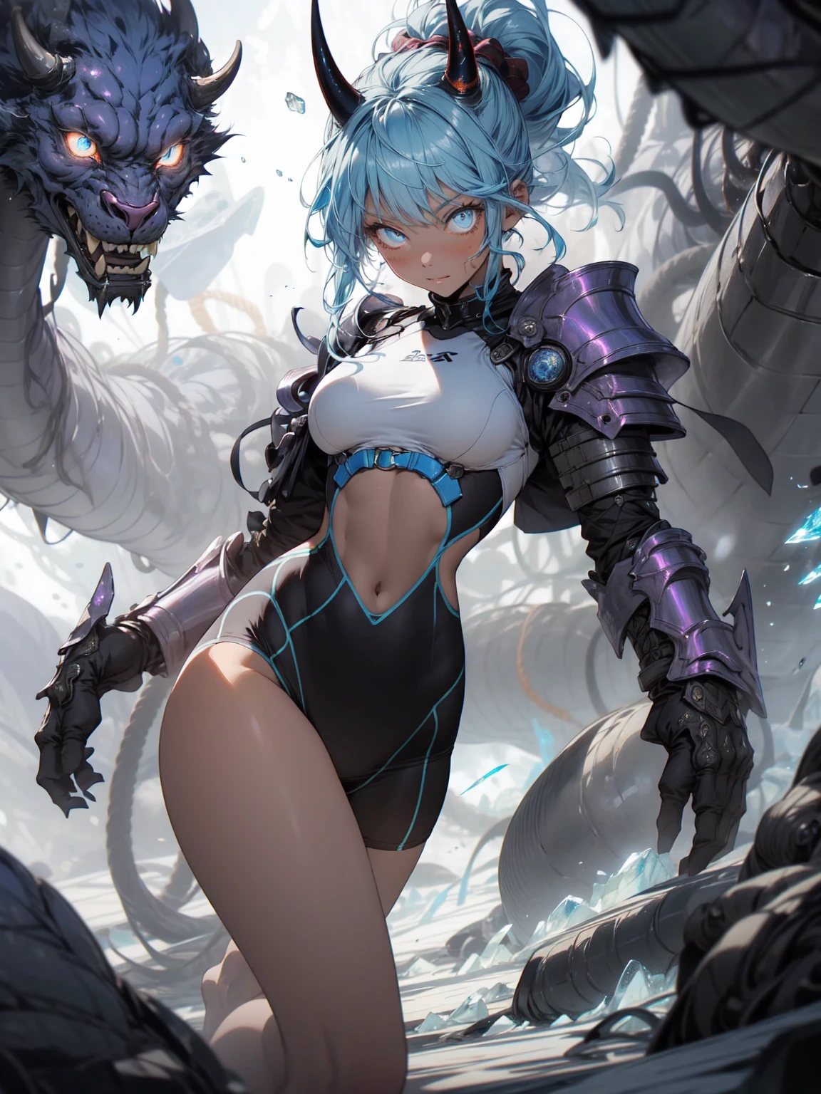 Be realistic，（masterpiece，Highest quality，Highest quality，Very detailed，Fractal Art，Most detailed，（The background is abstract：1.5）（1 Girl），Kamimei，（Blue hair ponytail），（Blue eyes shine、Big Breasts、Toned Abs，Stunned)，Abyss Stick、、crystallization，Blue competitive swimsuit、High leg、sexy、Machine Armor、Sunburned skin、Demon Horn、Berserk、mini skirt、Large wounds on the body