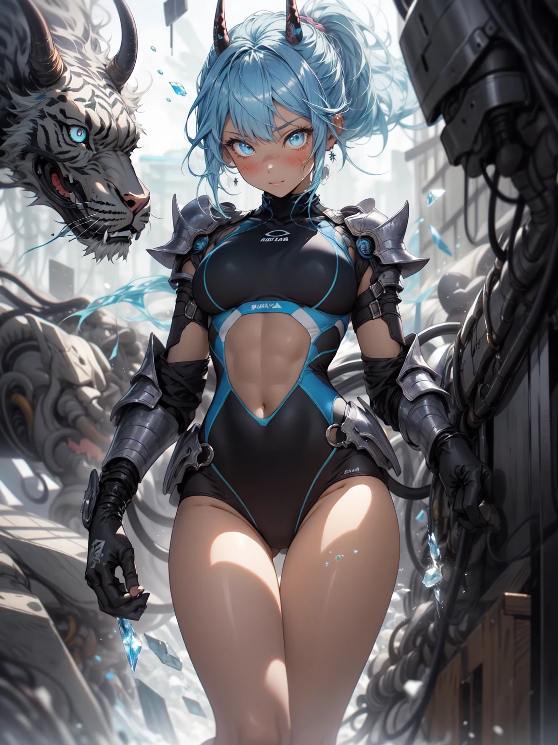 Be realistic,(masterpiece,Highest quality,Highest quality,Very detailed,Fractal Art,Most detailed,(The background is abstract:1.5)(1 Girl),Kamimei,(Blue hair ponytail),(Blue eyes shine、Big Breasts、Toned Abs,Stunned),Abyss Stick、、crystallization,Blue competitive swimsuit、High leg、sexy、Machine Armor、Sunburned skin、Demon Horn、Berserk、mini skirt、Large wounds on the body
