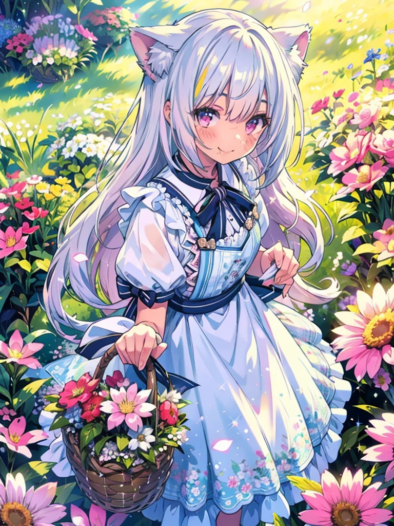 Highly detailed face,fine grain,Sparkling eyes,Highlighted eyes,Medium chest,pretty girl, smile,Longing eyes,Cat ear, Beautiful silver hair,Pink inside,Beautiful pink eyes,On a bright spring day, in a meadow full of flowers, a girl in colorful dress and white_apron, flower, smile, floral print, dress, basket, frills, bow, looking at viewer, frilled dress, from above, Colorful portraits