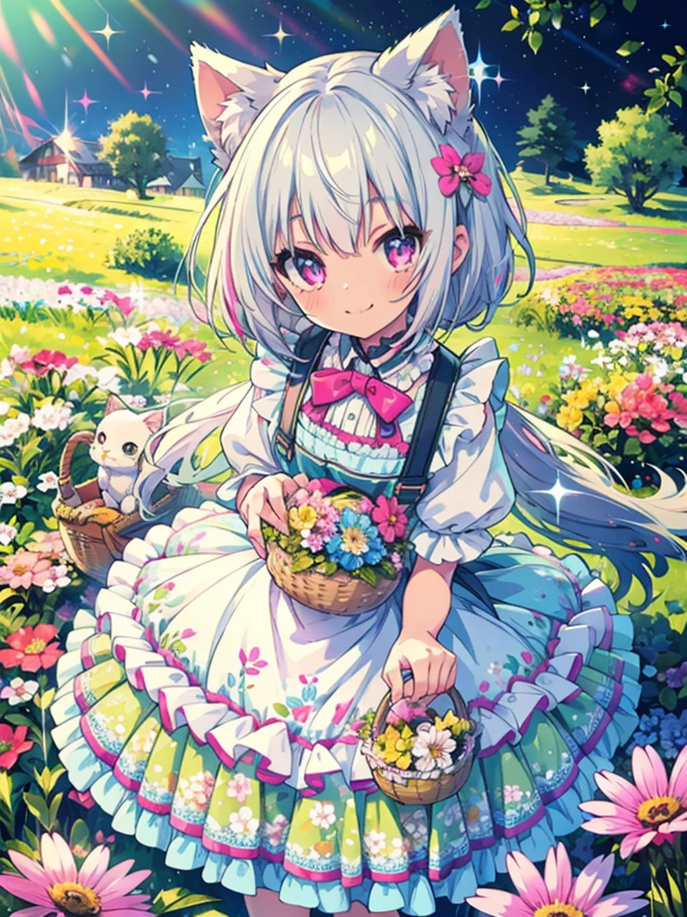 Highly detailed face,fine grain,Sparkling eyes,Highlighted eyes,Medium chest,pretty girl, smile,Longing eyes,Cat ear, Beautiful silver hair,Pink inside,Beautiful pink eyes,On a bright spring day, in a meadow full of flowers, a girl in colorful dress and white_apron, flower, smile, floral print, dress, basket, frills, bow, looking at viewer, frilled dress, from above, Colorful portraits