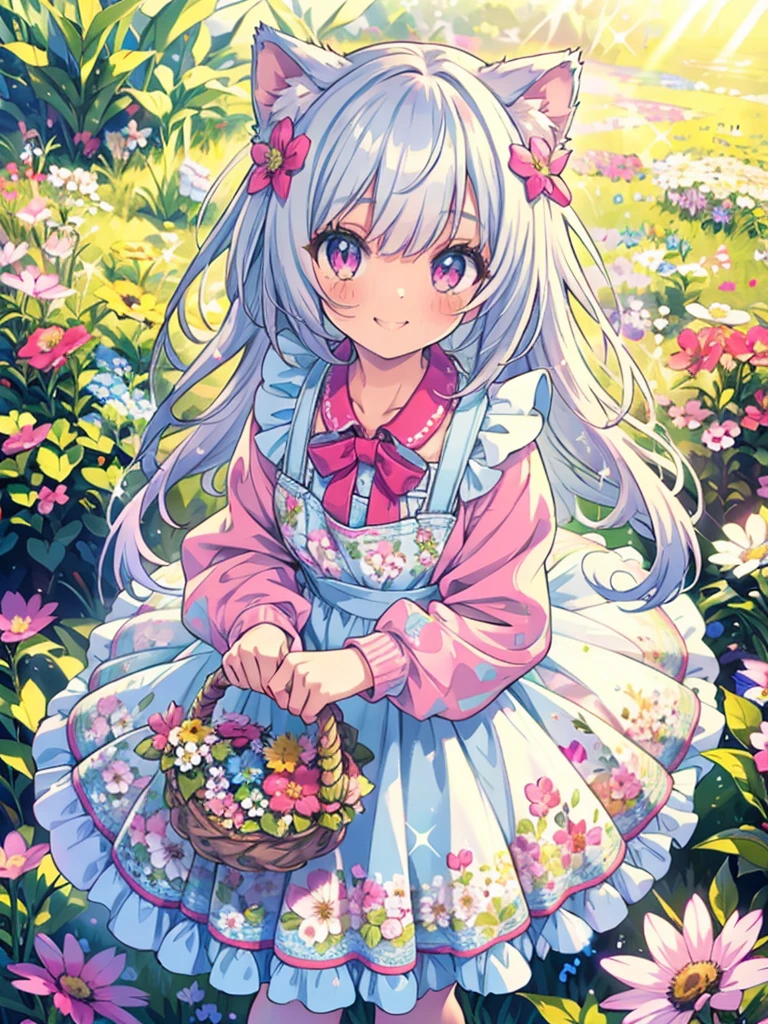 Highly detailed face,fine grain,Sparkling eyes,Highlighted eyes,Medium chest,pretty girl, smile,Longing eyes,Cat ear, Beautiful silver hair,Pink inside,Beautiful pink eyes,On a bright spring day, in a meadow full of flowers, a girl in colorful dress and white_apron, flower, smile, floral print, dress, basket, frills, bow, looking at viewer, frilled dress, from above, Colorful portraits