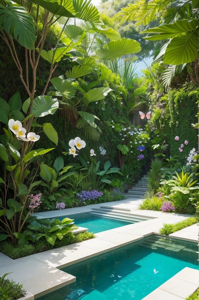 Minimalist artwork of a garden with various species of orchids, crystal clear water and rare butterflies unknown place untouchable nature 