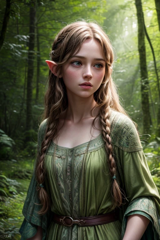 A beautiful young hobbit woman, porcelain skin, long flowing brown hair, large expressive eyes, delicate facial features, pointed ears, wearing an earthy green dress, standing in a lush forest clearing, surrounded by ferns and wildflowers, warm golden light filtering through the trees, (best quality,4k,8k,highres,masterpiece:1.2),ultra-detailed,(realistic,photorealistic,photo-realistic:1.37),fantasy,portrait,cinematic lighting,vibrant colors,intricate details