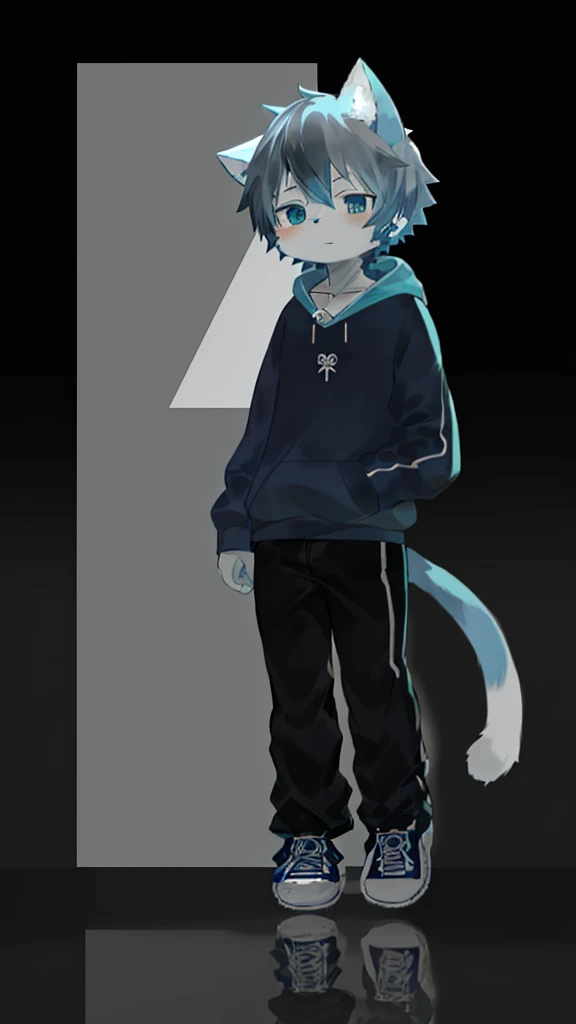 Anime furry, light blue and white fur, blue hair with white accents, cat style, kemono style, 2D anime style wearing blue sweatshirt and black sneakers with white line pattern, wearing a light blue hoodie over a black shirt, with a small square pendant necklace, Single character full body, 2 d style, full body adoptable, full body single character, 2d anime, full body portrait of a short!, full body character, anime style character, Anime boy.