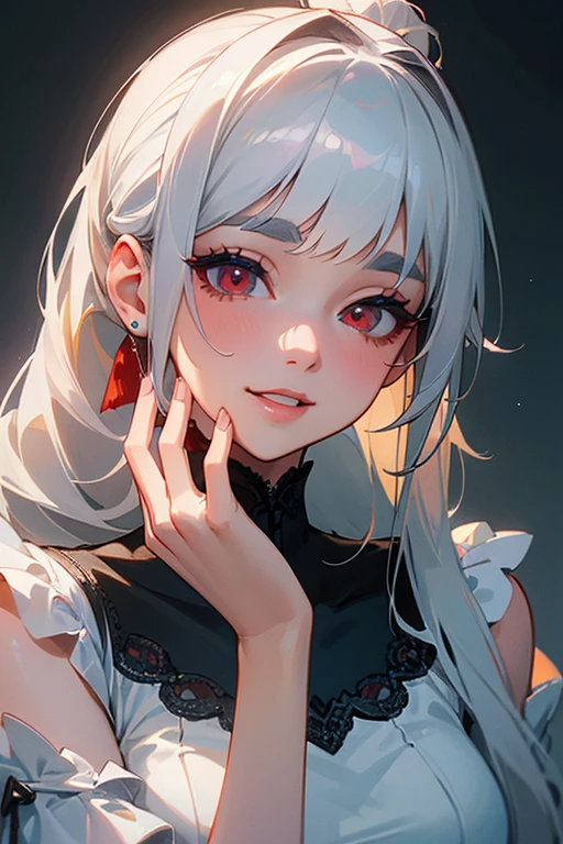 (Highest quality, masterpiece:1.2), (High resolution, 最高masterpiece).(difficult).Very detailed, Realistic:1.37, Fantasy, An illustration,Gray Hair、 Red eyes、Queen, White and blue dress、beautifully、Eyeshadow Red、Thick eyebrows、Long eyelashes、pupils are black、shiny on the lips、Top Sites、Queen、Princess、A kind smile、Show your teeth a little and smile、Soft impression、people々Loved by、Slimming the face、Shoulder Bare、ponytail、Kissing Face、Long white hair、Shaggy Bangs、Save face image、Lace Underwear、sexy、