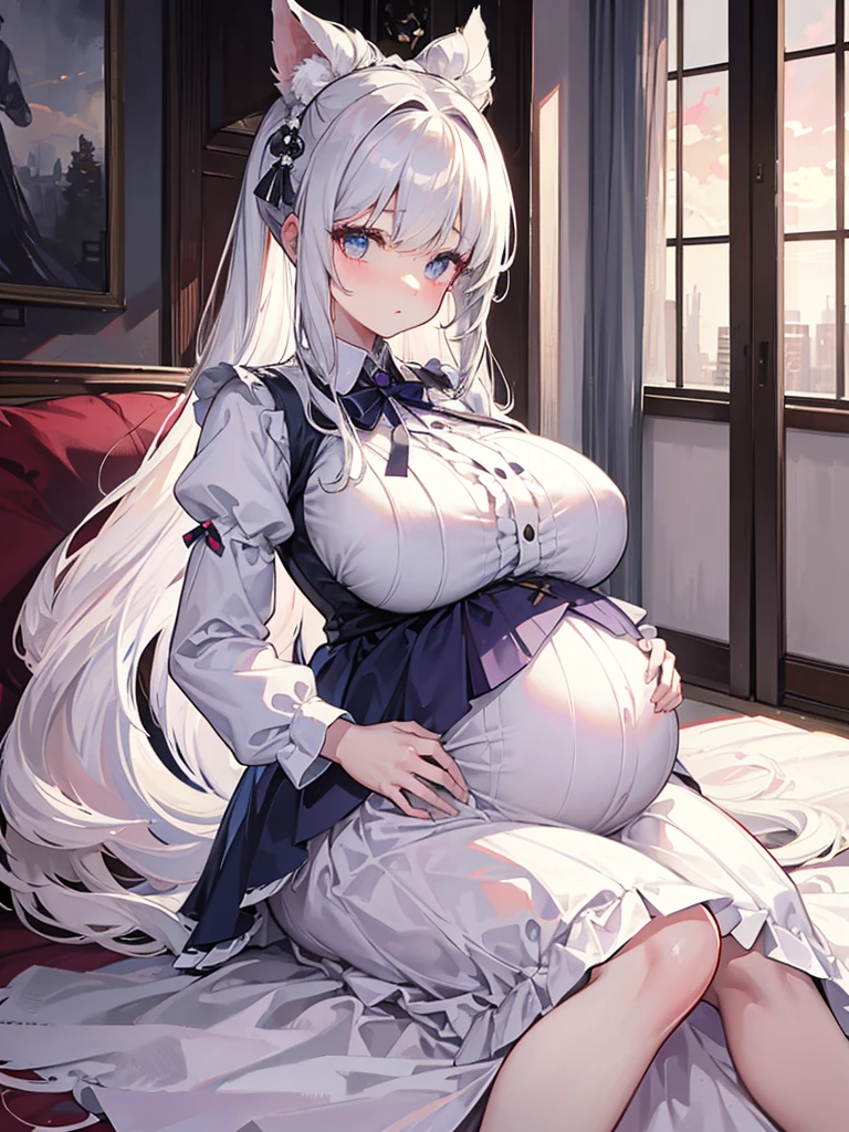 1 22-year-old girl,hair, Long double ponytail, shirt, Fluffy collar, White fluffy skirt, hair上的白色丝带, Lots of hair accessories, ta，(Pregnant，Huge breasts：1.8)，Room