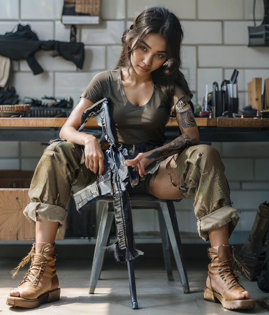 8K, realistic photo, realistic skin texture, beautiful Indonesian American female US Army soldier, simple warehouse, sitting on a simple chair and maintaining an automatic rifle, maintenance, Automatic rifles do not have magazines installed.Automatic rifle parts on the table、military pants, boots, tattoos, T-shirt, toned body, big body., big breast, long hair
