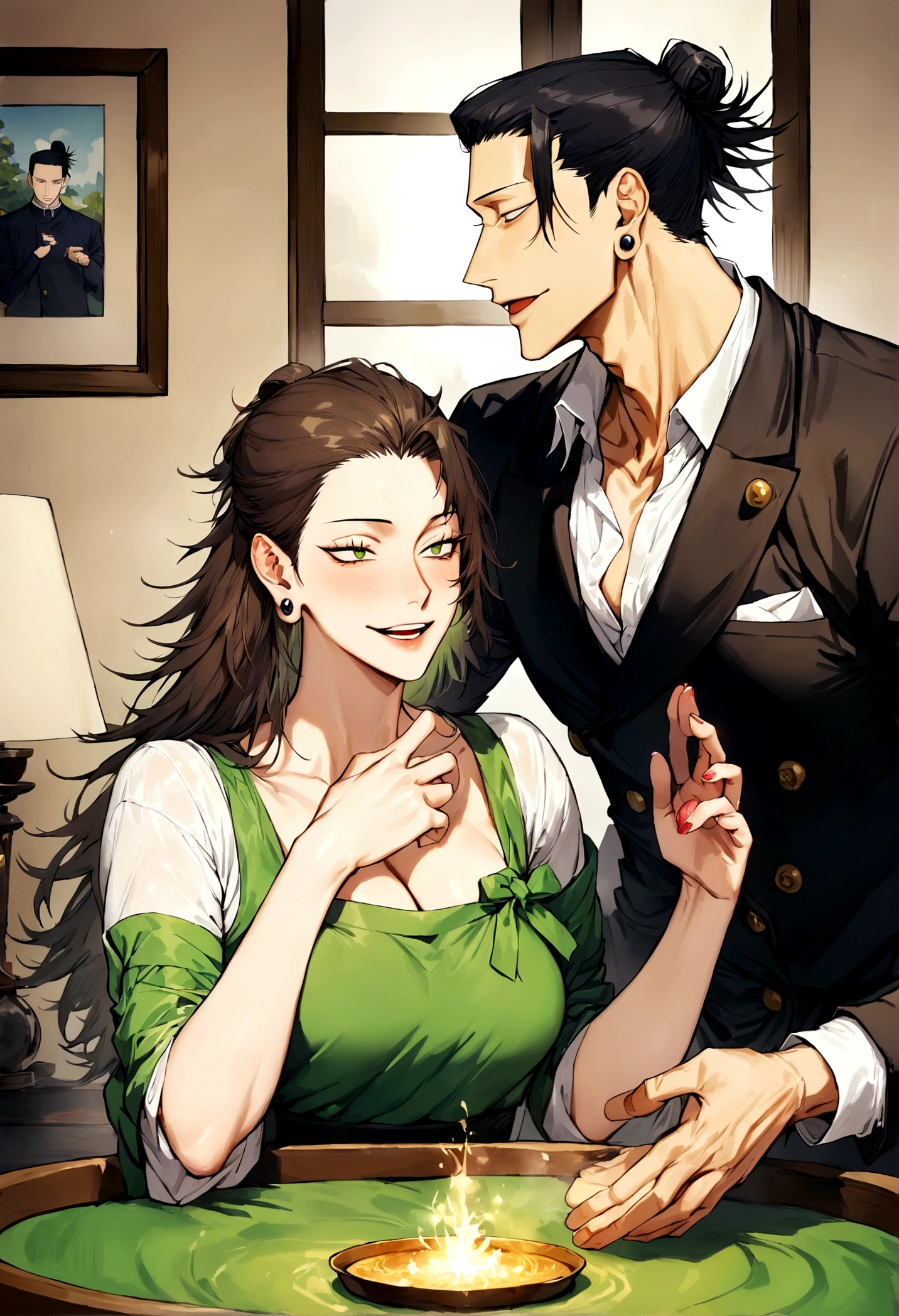 1 boy, 1 girl Men'center, Suguru Ghetto,Jujutsu Kaisen , masterpiece, top quality, so handsome,romance,date with a girl,girl with long brown hair and green eyes