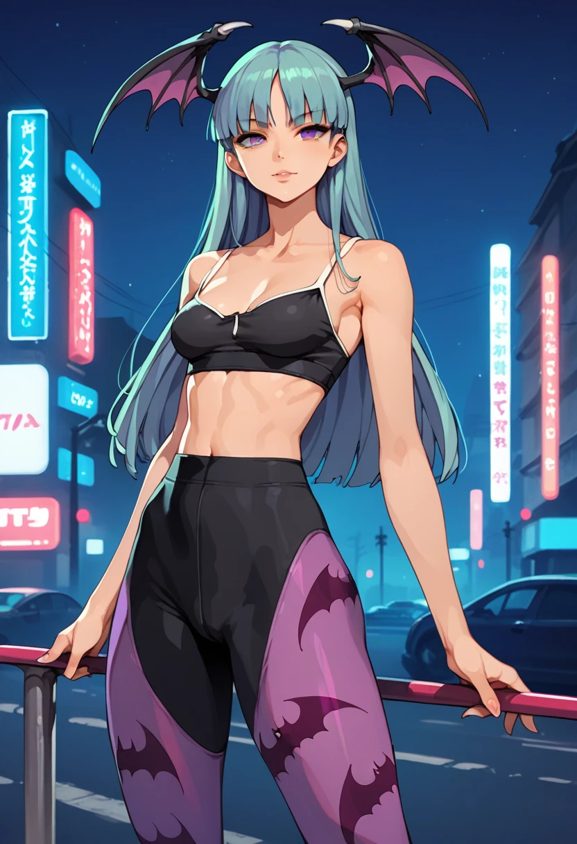 score_9, score_8_up, score_7_up, score_6_up, score_5_up, source_anime, rooftops, night city, neon lights, slim body, Slender legs, slim hourglass figure body type, average breasts size, puple_hair, purple_eyes, Morrigan_Aensland, black sports bra, black yoga pants, seductive smile, looking at viewer