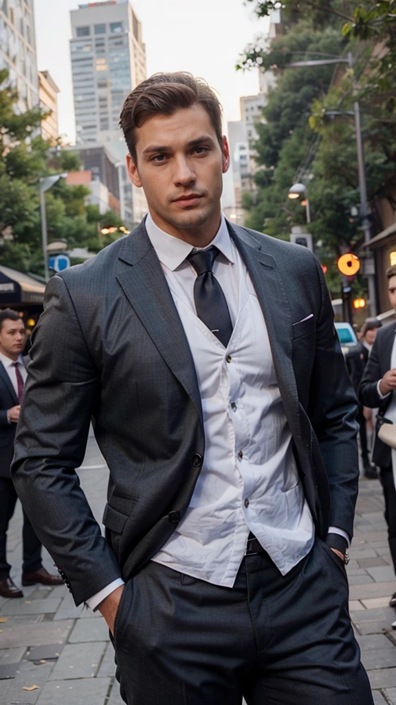 1man, suit, muscle, tall, realistic, handsome, handsome, realistic, Outdoors, blurred background