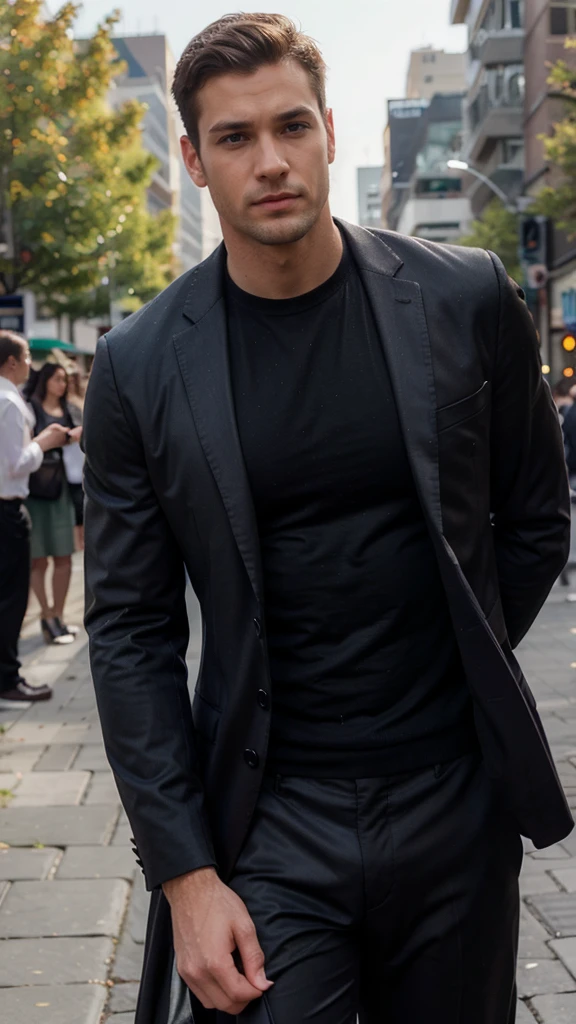 1man, suit, muscle, tall, realistic, handsome, handsome, realistic, Outdoors, blurred background