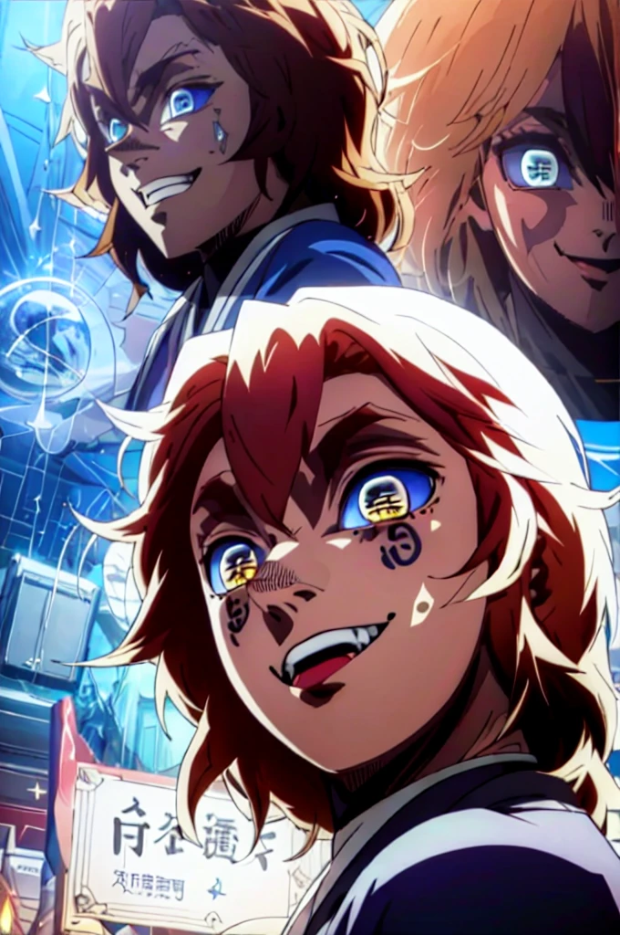 Realistic, (masterpiece, top quality, best quality, official art), very detailed, most detailed, long hair, blond long hair (glowing blue eyes), deepe blue iris eyes, deep white skin tone, like a vampire, mysterious, (magic), sexy man, demon, blood, oni, Kimetsu no Yaiba, eyes with upper moon number, anime Demon Slayer, japonese, red kimono, evil expression, blood power 