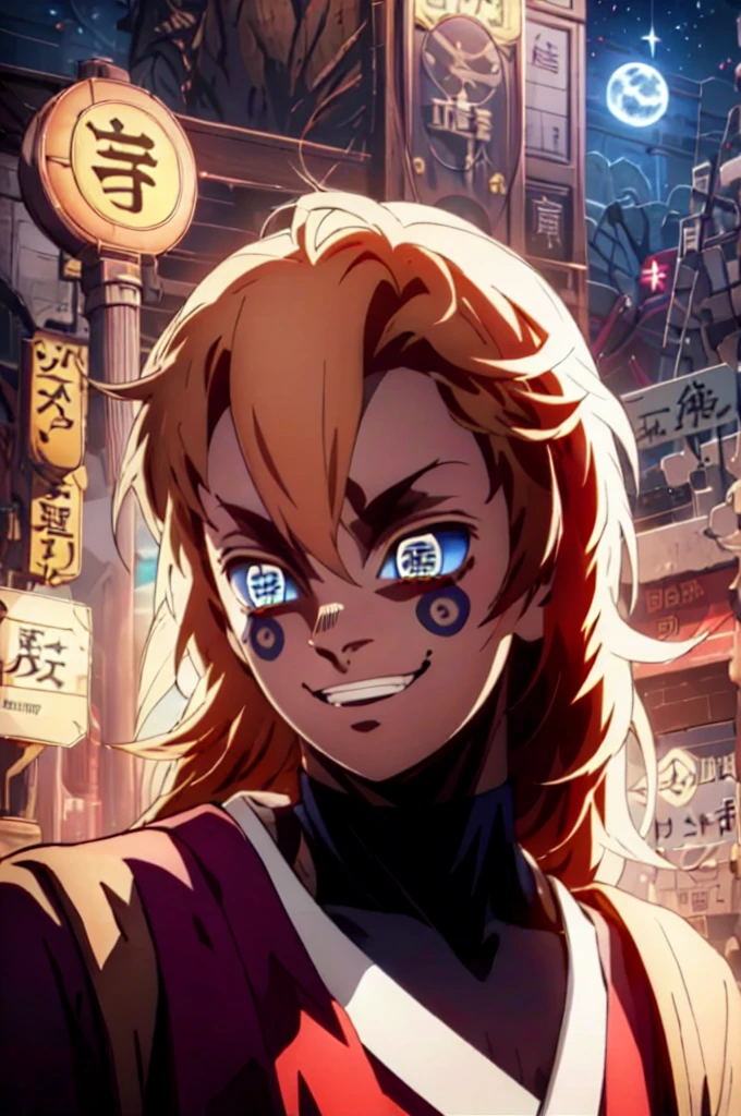 Realistic, (masterpiece, top quality, best quality, official art), very detailed, most detailed, long hair, blond long hair (glowing blue eyes), deepe blue iris eyes, deep white skin tone, like a vampire, mysterious, (magic), sexy man, demon, blood, oni, Kimetsu no Yaiba, eyes with upper moon number, anime Demon Slayer, japonese, red kimono, evil expression, blood power 