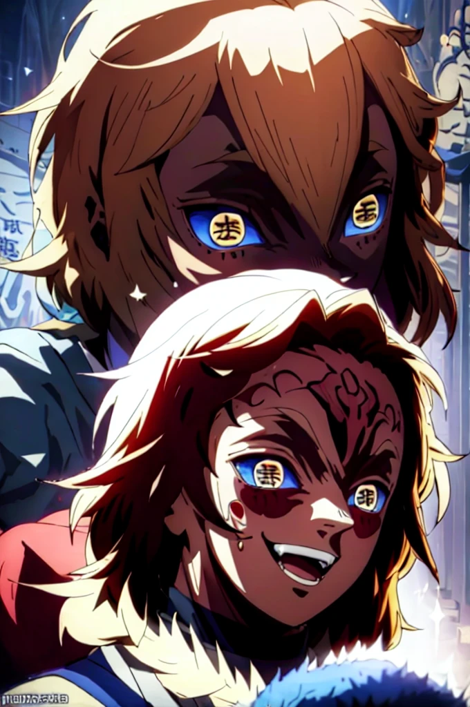 Realistic, (masterpiece, top quality, best quality, official art), very detailed, most detailed, long hair, blond long hair (glowing blue eyes), deepe blue iris eyes, deep white skin tone, like a vampire, mysterious, (magic), sexy man, demon, blood, oni, Kimetsu no Yaiba, eyes with upper moon number, anime Demon Slayer, japonese, red kimono, evil expression, blood power 