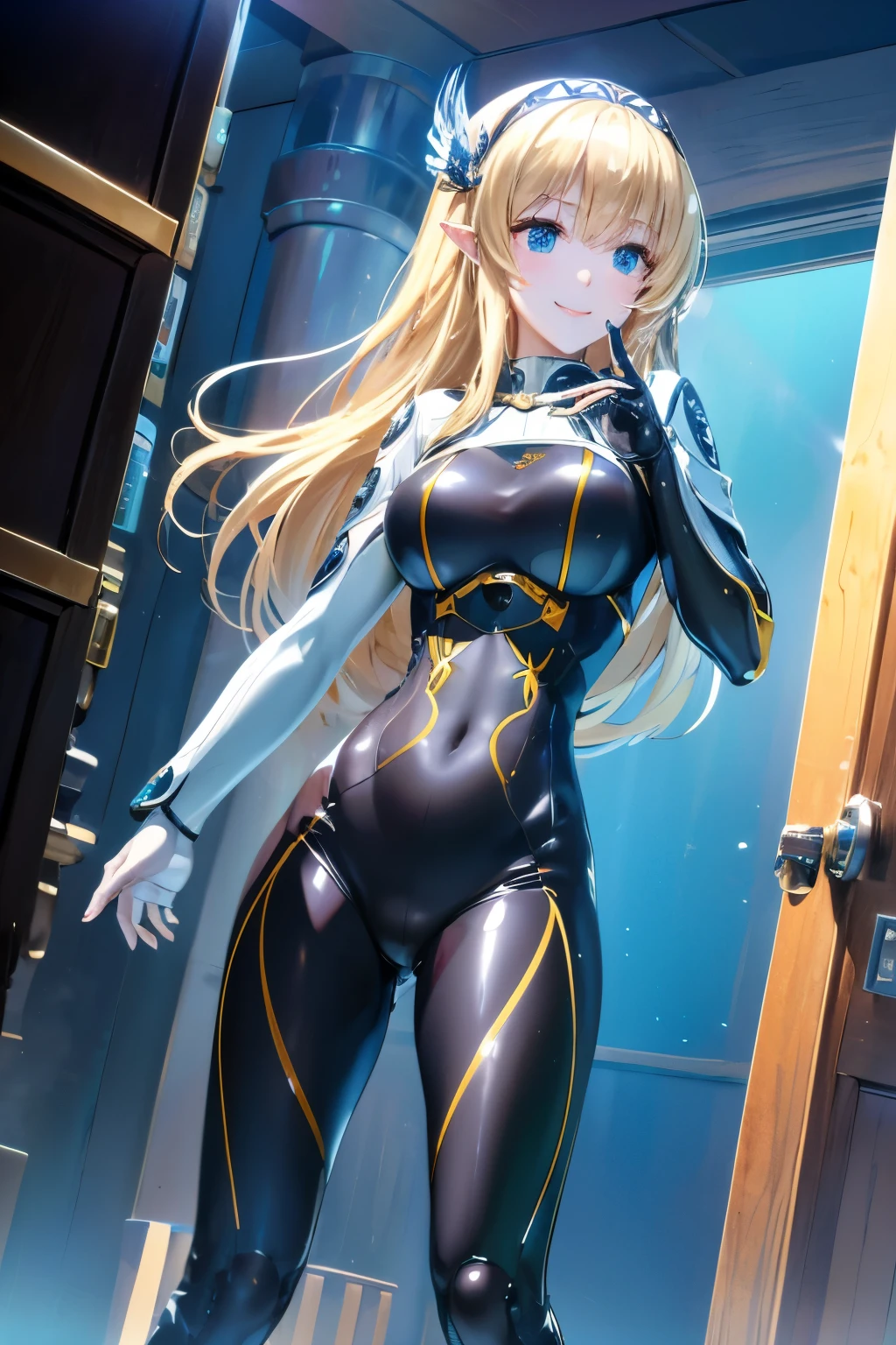 (((SFW、sound、Highest quality、first-class、masterpiece、Normal body、8K、Detailed face、Ultra-precision、Normal hand、Normal finger、5Finger、Highest)))、beautiful girl、Golden blonde;1.4、Shortcuts、Bobcut、High Elf、In the Land of Leadale、Kena、Silver Ring Witch、Black diver suit、Tight-fitting diver suits、scuba diving、diving、smile