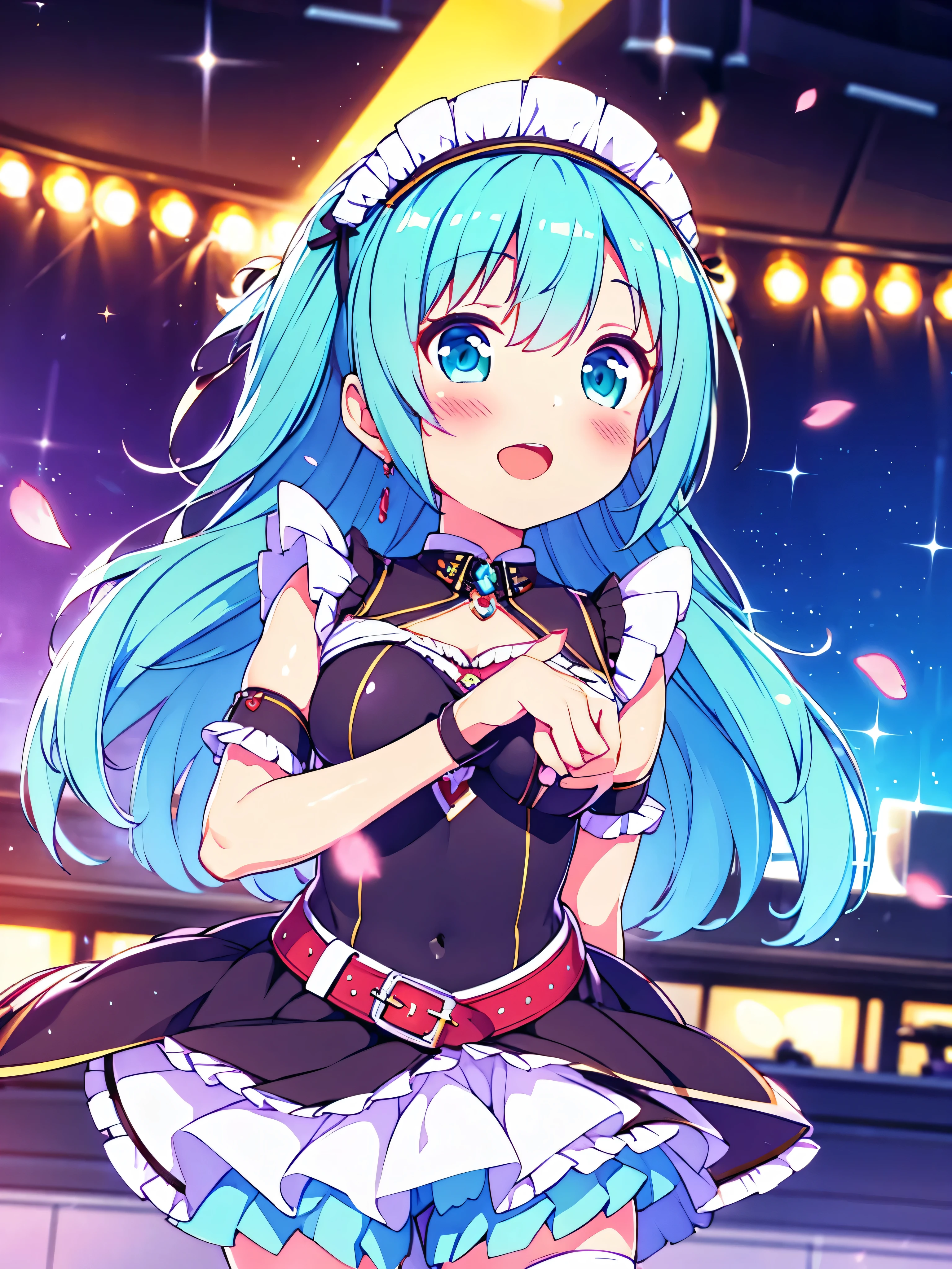 MLTD bg style, (best quality, 8K, masterpiece, HDR, ultra detailed:1.2), cinematic angle, (light particles, sparkle), lens flare, depth of field, bokeh,
1girl, white gloves, open mouth, microphone, short puffy sleeves, glowstick, smile, petals, maid headdress, frills, blush, solo, stage, white thighhighs, belt, hair bow, hair ribbon, medium breasts, idol, upper teeth only, looking away, aqua bow, frilled skirt, hair ornament, frilled dress, audience, solo focus, concert, zettai ryouiki, spotlight, stage lights, shiny hair, looking afar, buckle, belt buckle, elbow gloves, wing collar, jewelry, petticoat, navel, NSFW