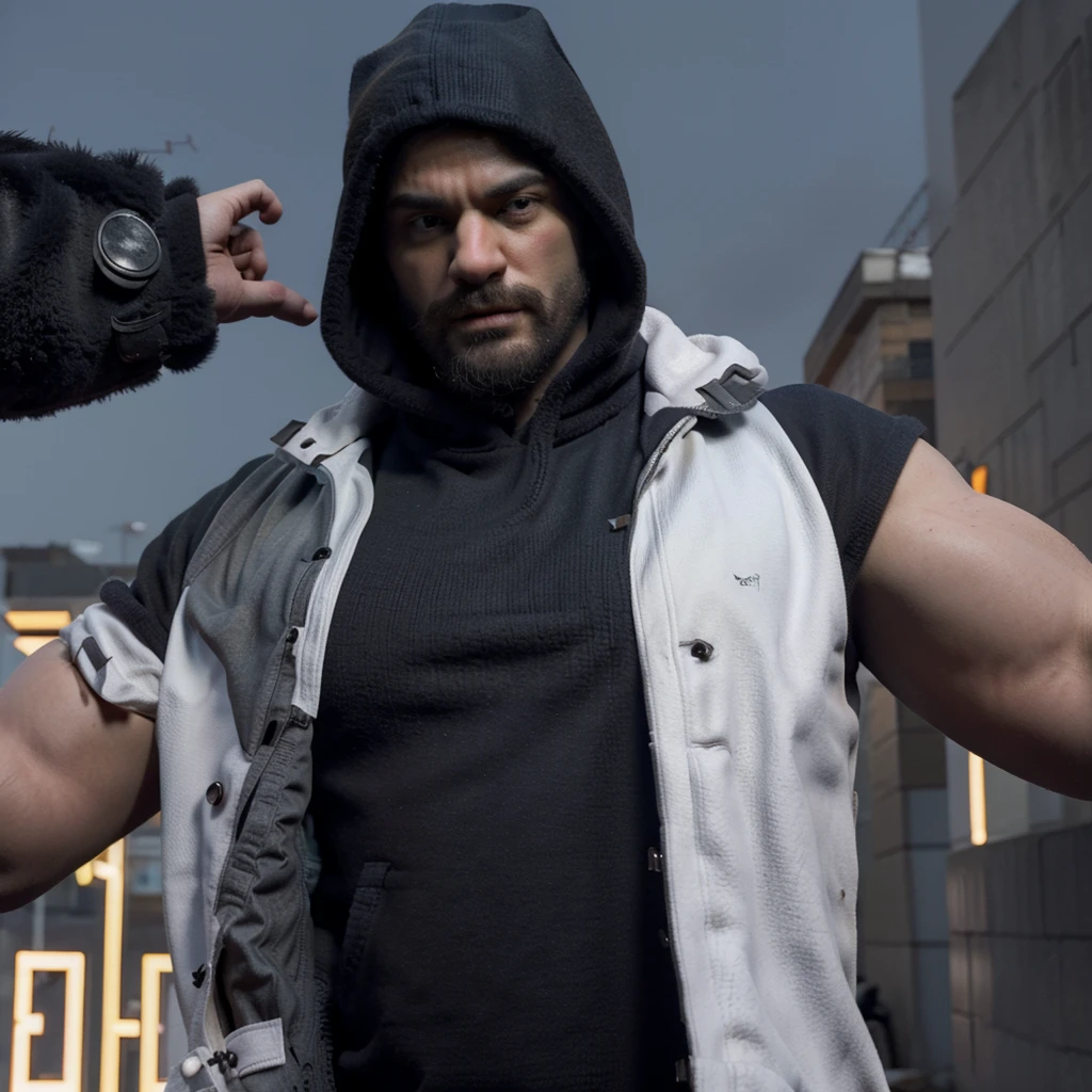 "Imagine an imposing, muscular figure, mixing characteristics of Escanor, Hulk e Brutus (Popeye), wearing a hooded coat. He walks confidently through the streets, the hood is over your head while the coat is open, revealing his powerful arms and robust physique worthy of a bodybuilder. The scene is marked by the dominant presence and unique mix of iconic characteristics of these characters.. Man in his 30s with a lumberjack beard and black hair"