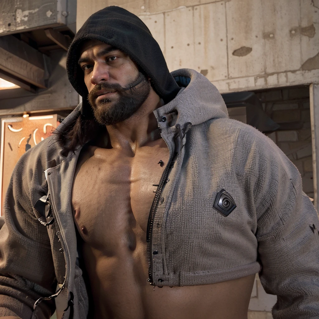 
"Imagine an imposing, muscular figure, mixing characteristics of Escanor, Hulk e Brutus (Popeye), wearing a hooded coat. He walks confidently through the streets, the hood is over your head while the coat is open, revealing his powerful arms and robust physique worthy of a bodybuilder. The scene is marked by the dominant presence and unique mix of iconic characteristics of these characters.. Man in his 30s with a lumberjack beard and black hair"