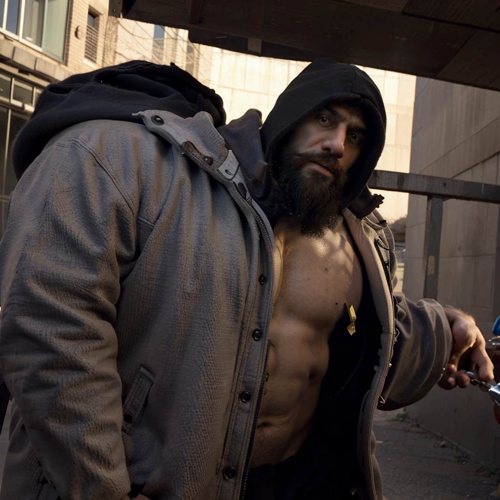 
"Imagine an imposing, muscular figure, mixing characteristics of Escanor, Hulk e Brutus (Popeye), wearing a hooded coat. He walks confidently through the streets, the hood is over your head while the coat is open, revealing his powerful arms and robust physique worthy of a bodybuilder. The scene is marked by the dominant presence and unique mix of iconic characteristics of these characters.. Man in his 30s with a lumberjack beard and black hair"