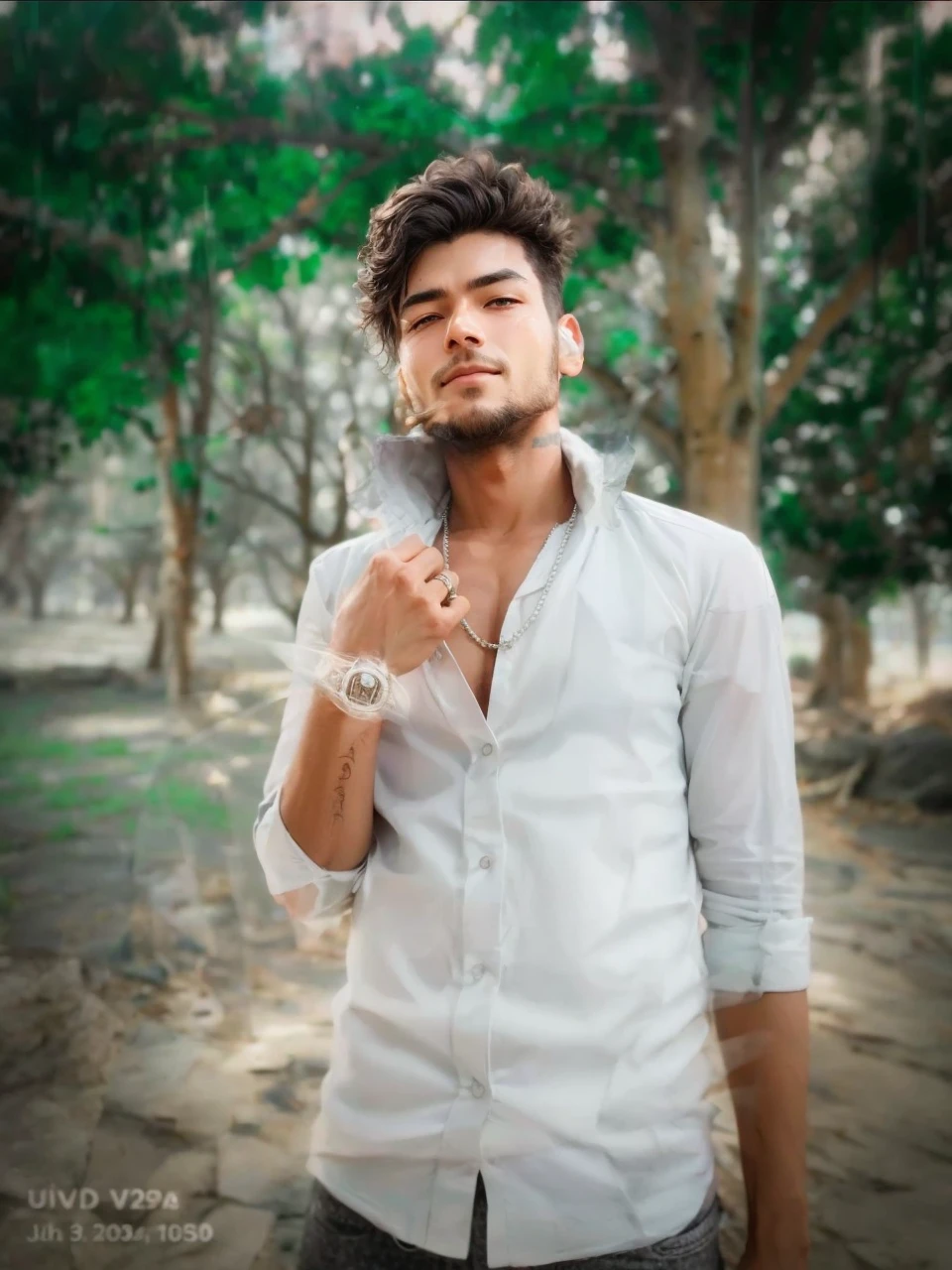 Change background, cyber park, look handsome, 8k, ultra realistic, realistic, smile