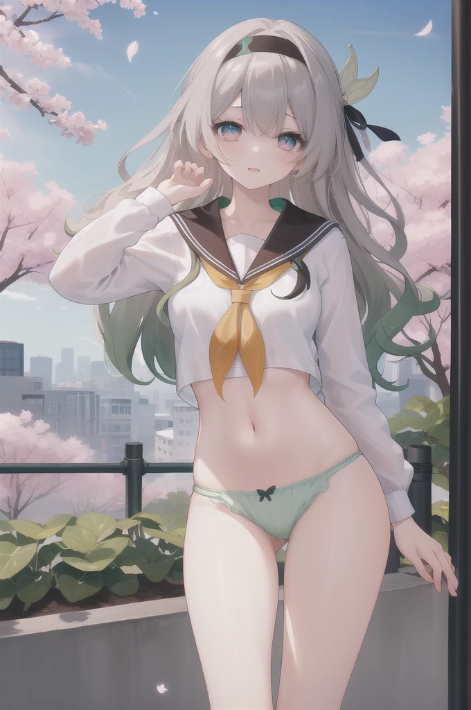 masterpiece,best quality,highres,ultra-detailed,(facing_viewer:1.1),solo,1girl,small breasts,standing,outdoors,garden,cherry blossom,trees,cowboy shot,firefly,black hairband,long hair,grey hair, [[shirt]],railing,serafuku,school_uniform,yellow_neckerchief,sailor_collar,navel,(((no_pants,green_panties))),bowleg