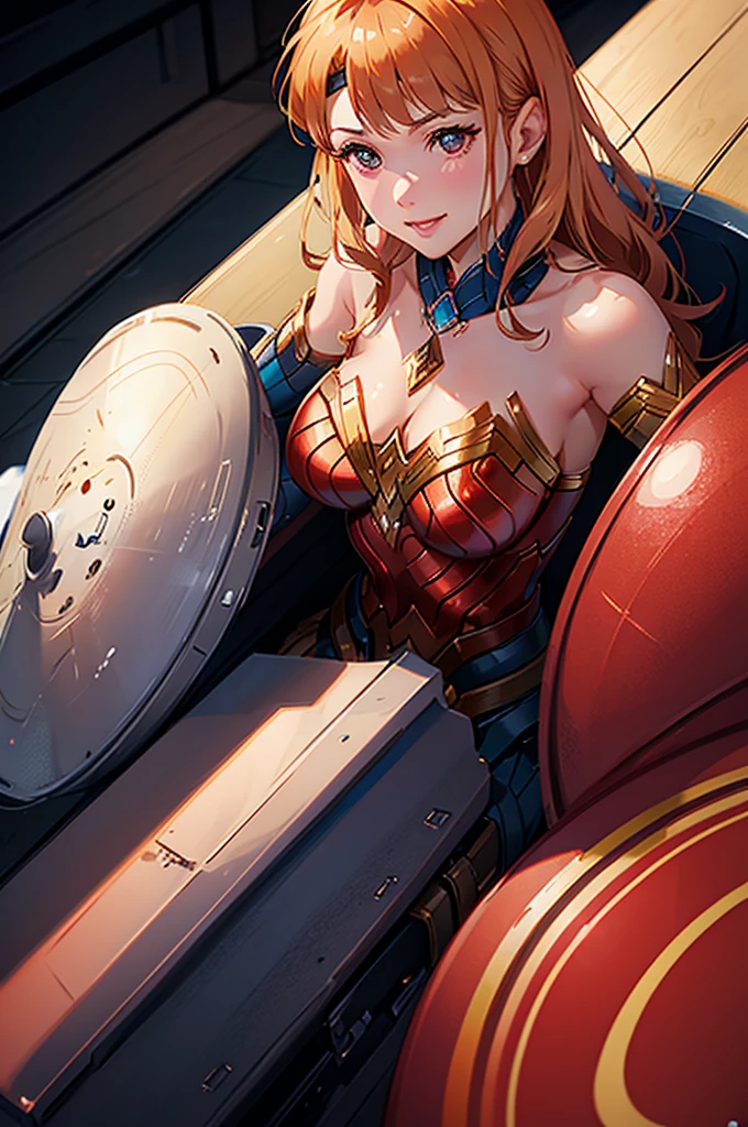 wonder woman, red and blue armor, photography, soft lighting, soft details, octane, artstation trending, ultra high detail, ultra realistic, cinematic,16k, look at viewer, blonde hair, sweet smile