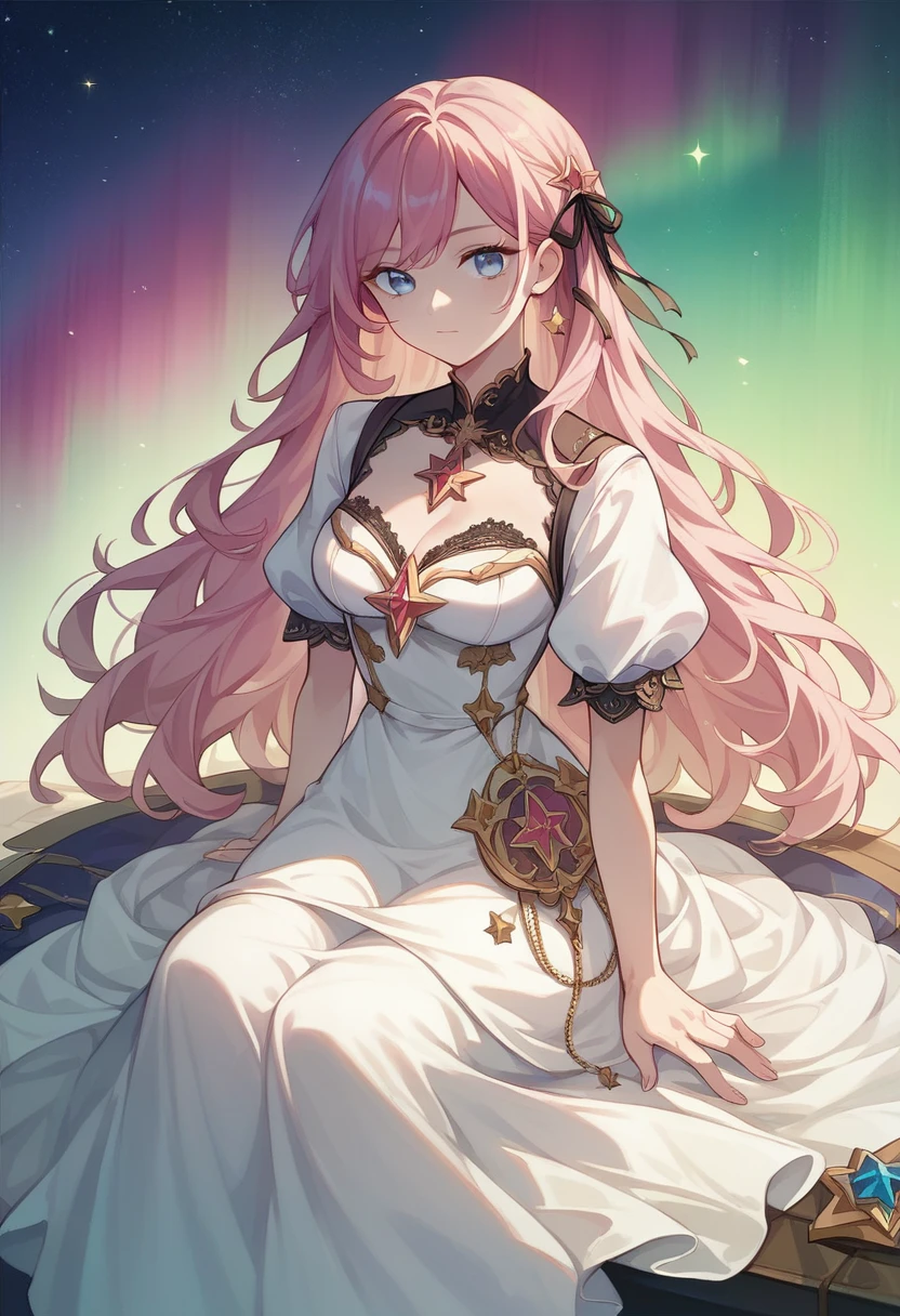 ((Highest quality)), ((masterpiece)), (detailed), ((Perfect Face)), One Girl、Pink Hair、blue eyes、White dress with black lace、large pink ribbon on the chest、Under the stars、Sitting、Aurora、move、