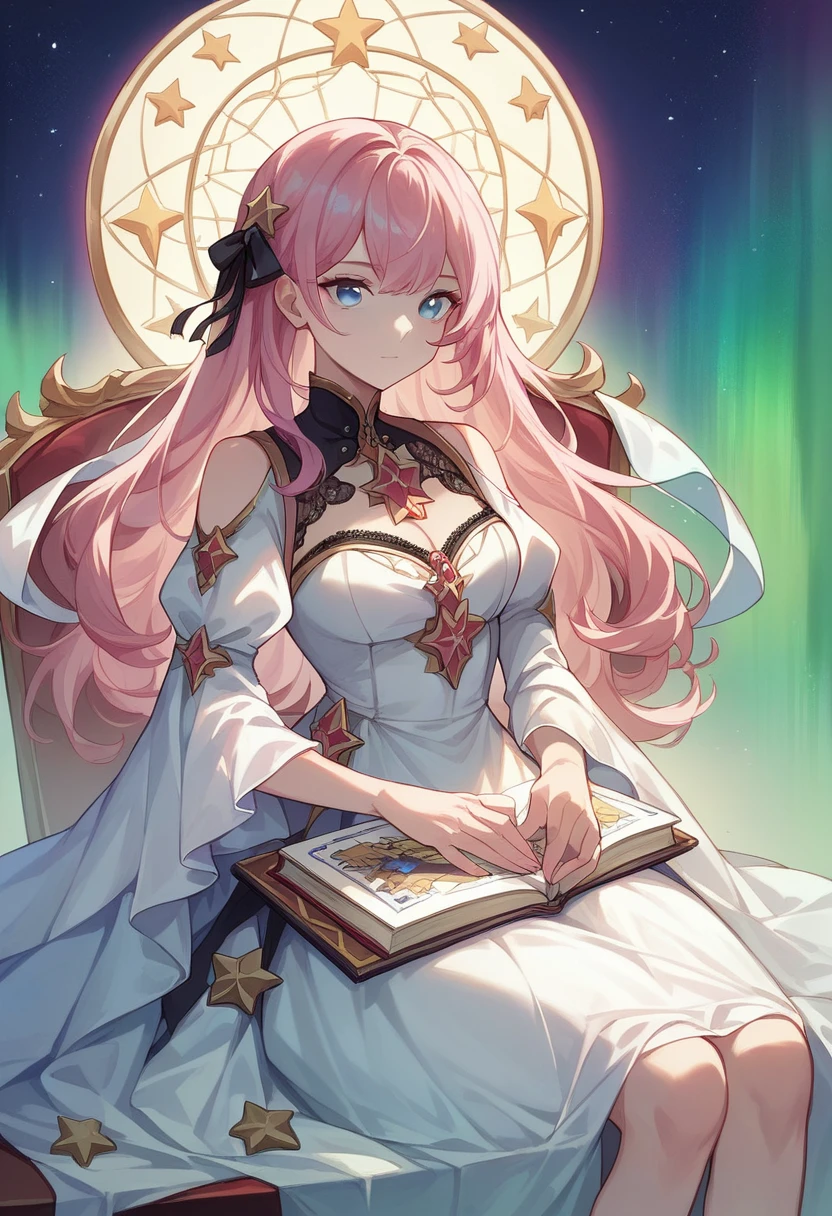 ((Highest quality)), ((masterpiece)), (detailed), ((Perfect Face)), One Girl、Pink Hair、blue eyes、White dress with black lace、large pink ribbon on the chest、Under the stars、Sitting、Aurora、move、
