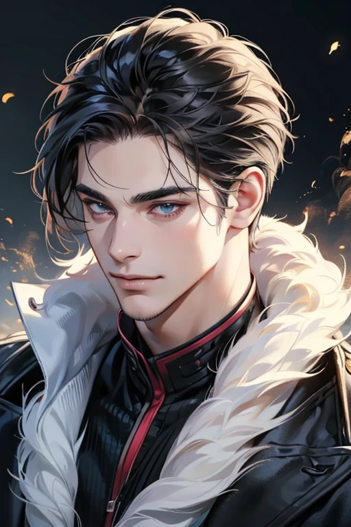 (best quality,4k,8k,highres,masterpiece:1.2),ultra-detailed,(realistic,photorealistic,photo-realistic:1.37),30 year old man,3 day beard,handsome anime,portraits,strong,masculine,dark hair,sharp jawline,mesmerizing eyes,perfectly styled hair,cool anime outfit,confident expression,vibrant colors,dynamic lighting, CEO and expression smile in love.